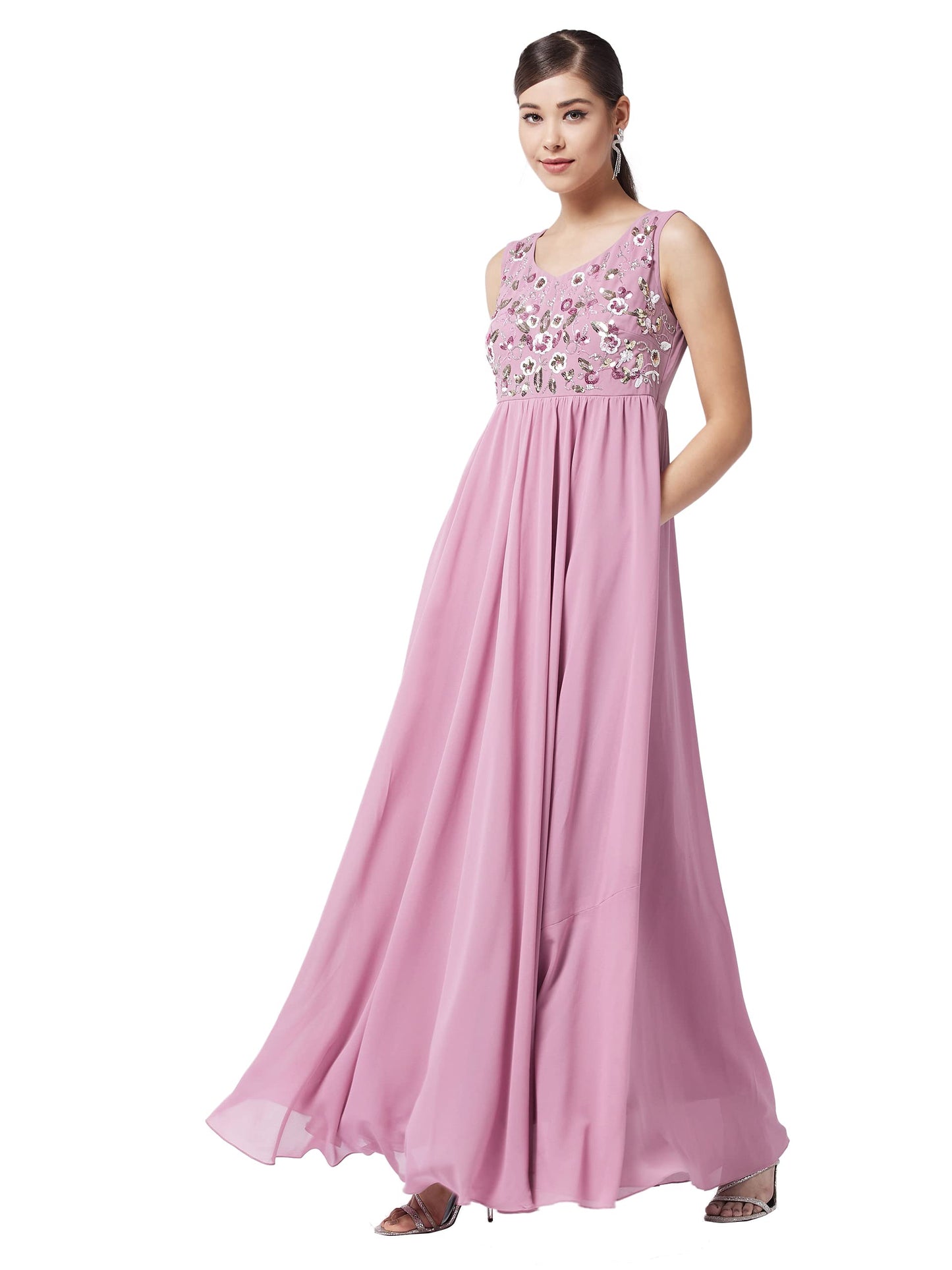 Miss Chase Women's Dusty Lavender Round Neck Sleeveless Solid Embroidered Maxi Dress (MCAW21D06-42-196-04, Dusty Lavender, M)