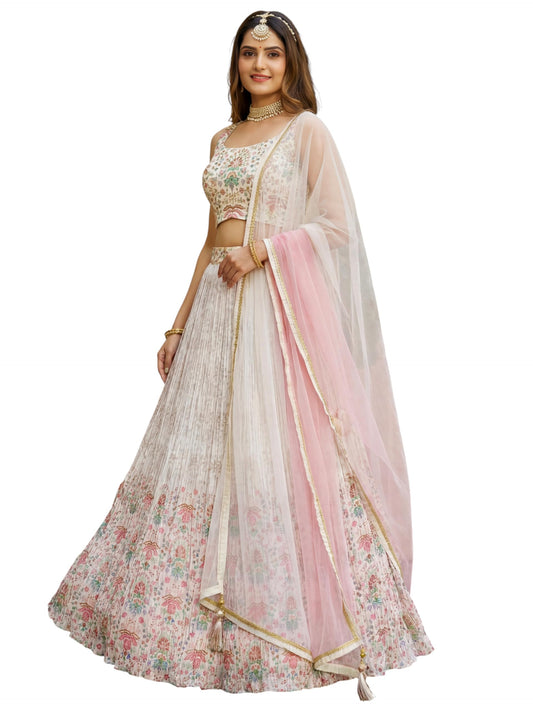 Zeel Clothing Women's Floral Printed Georgette New Lehenga Choli with Dupatta (5081-White-Women-New-Lehenga-Choli; Free Size)
