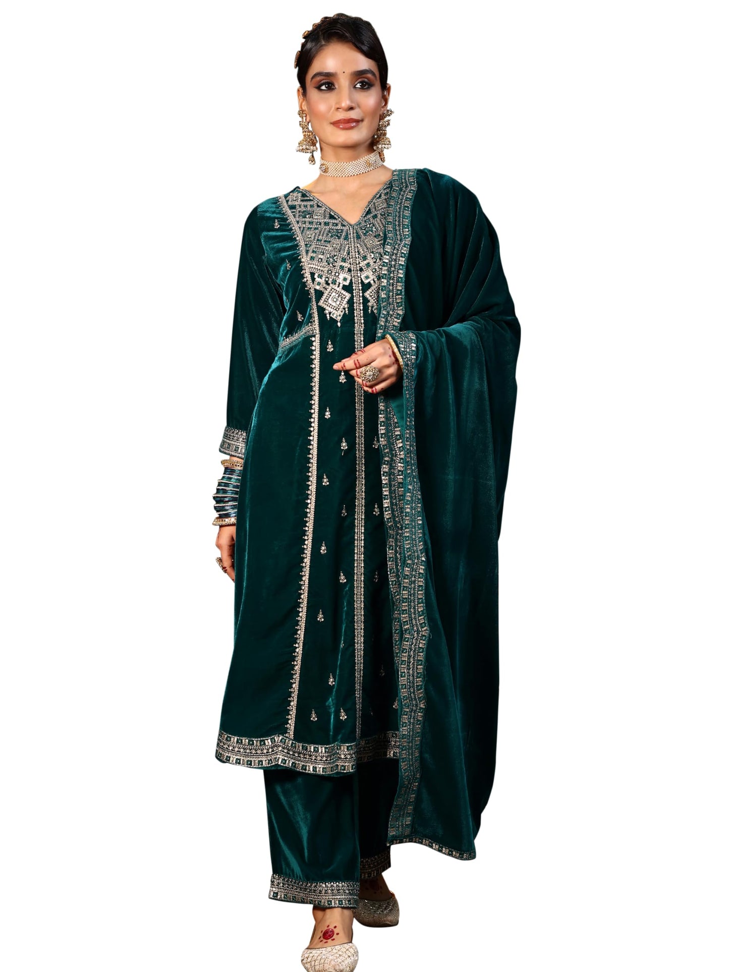Libas Green Velvet Embroidered Kurta sets for Women