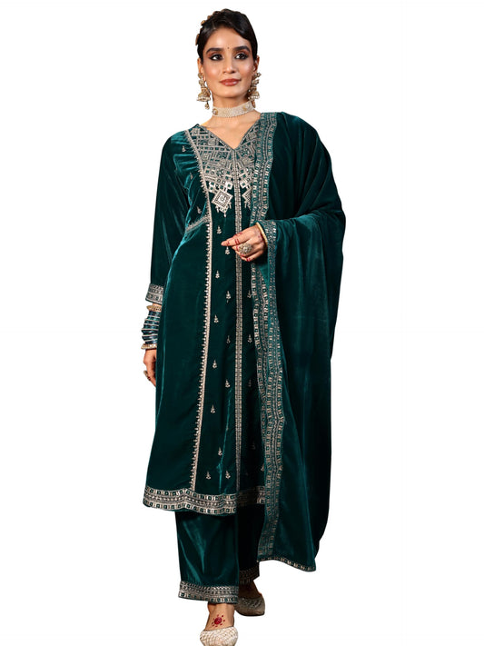 Libas Green Velvet Embroidered Kurta sets for Women