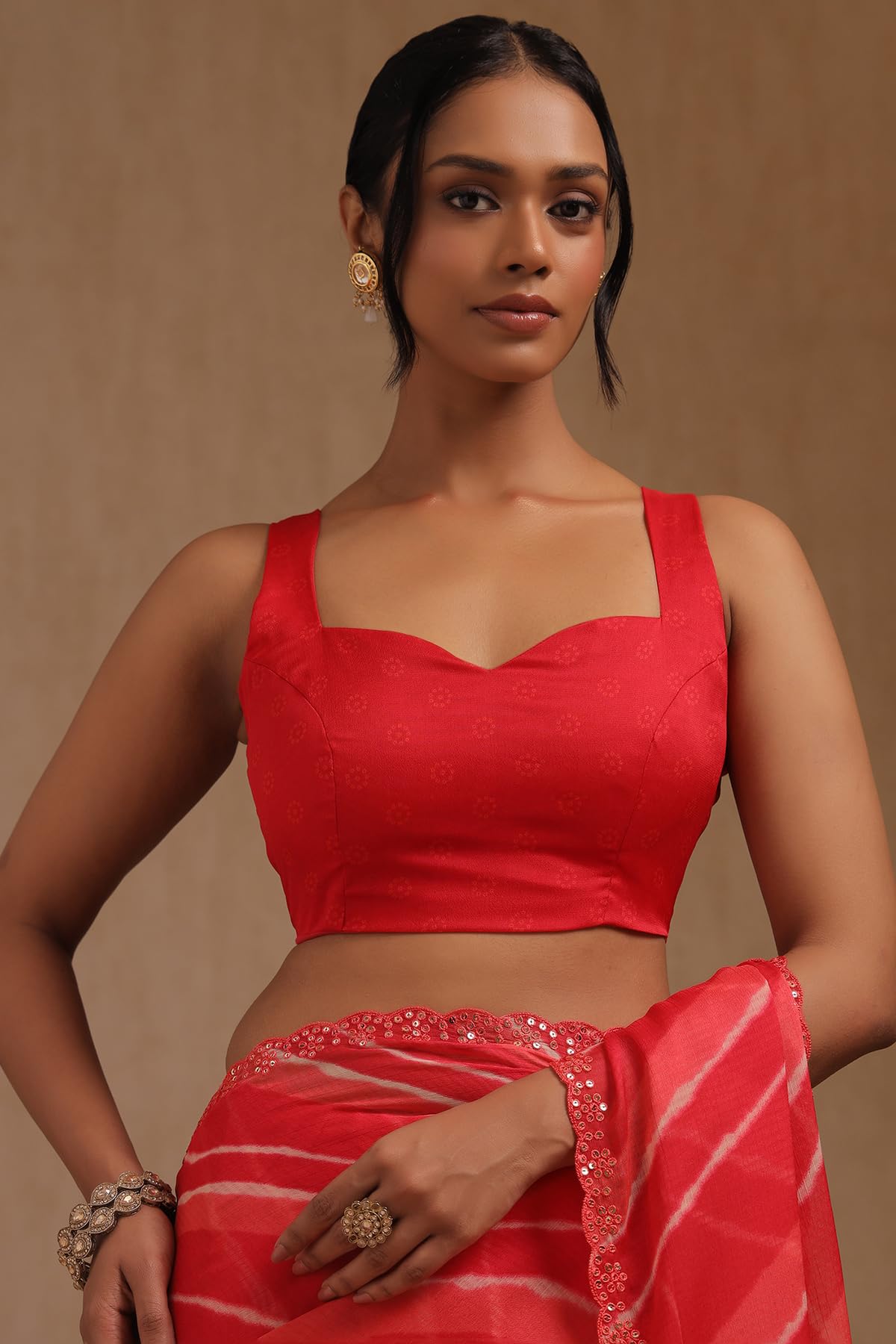 Soch Womens Red Georgette Leheriya Print Saree With Sequins