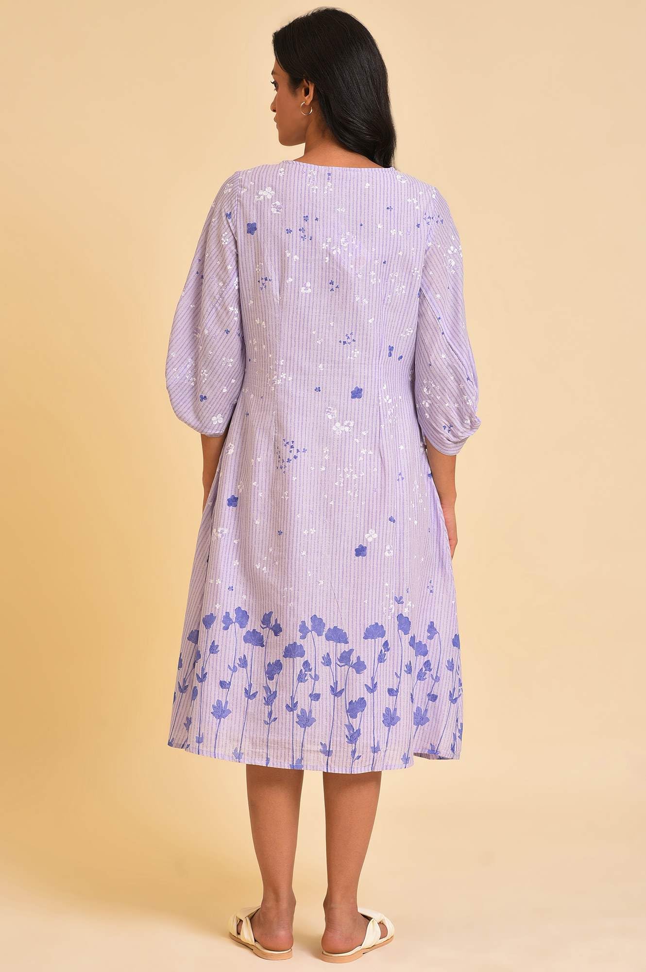 W For Woman Ecru Floral Printed Cotton A-Line Dress with Thread Embroidery