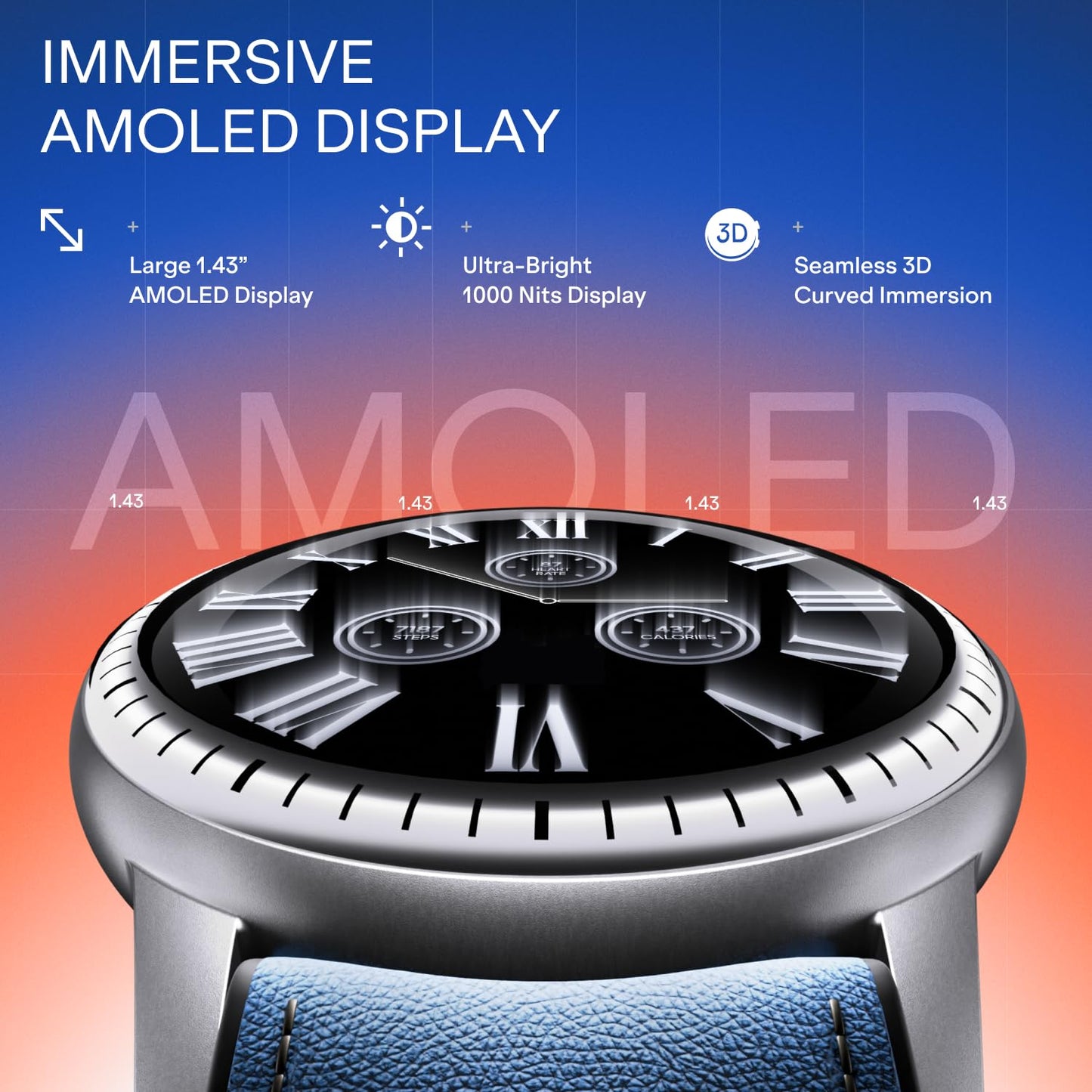 Boat Valour Watch 1 R, AI Smart Habit Builder, 1.43" 3D Immersive AMOLED Display, 1000 nits, Light-Weight Aluminium Build 3 ATM, 10 Days Battery Life, Smart Watches for Man (Imperial Leather)