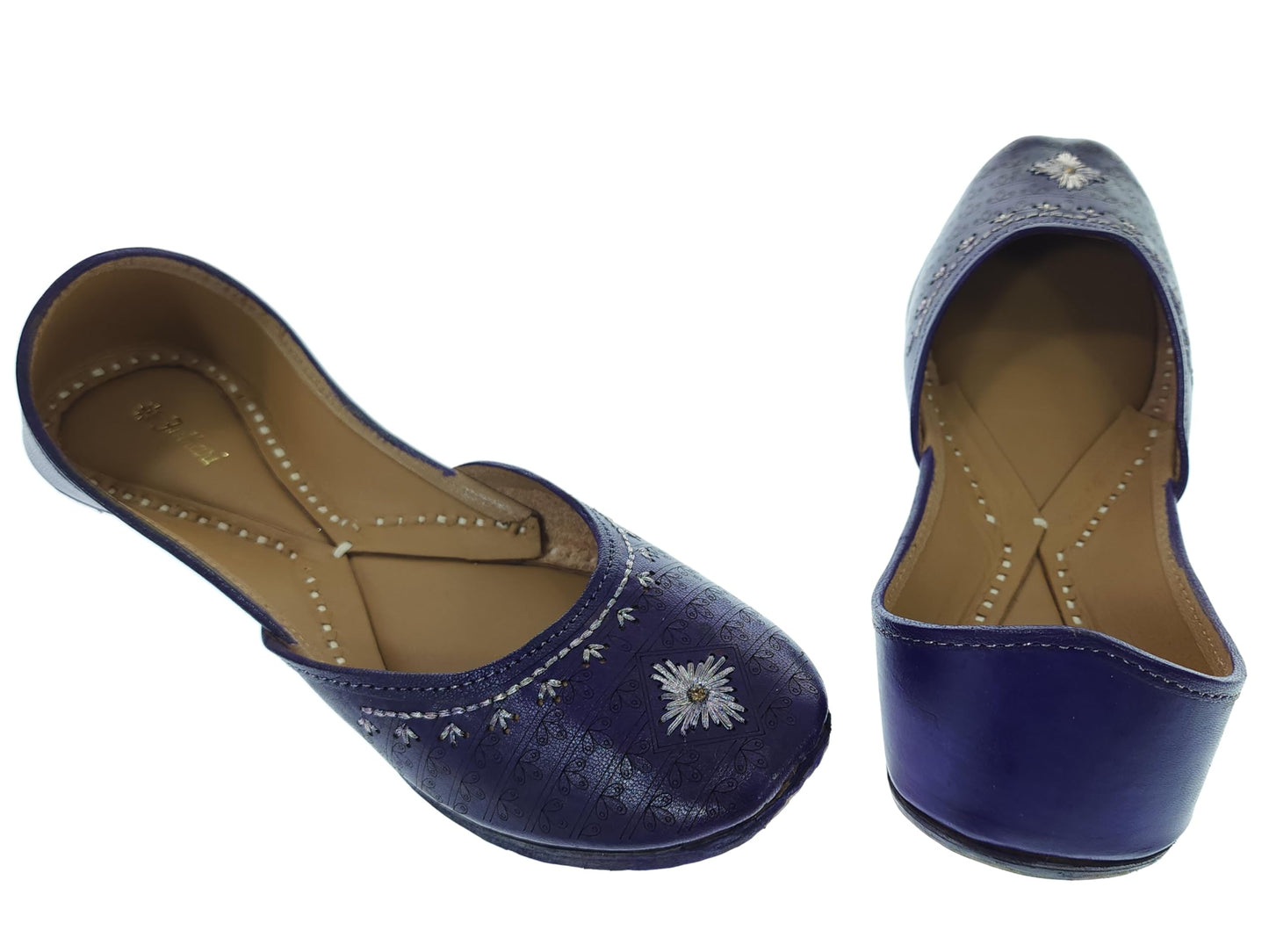 Fulkari Women's 3D Daimond Blue Gold Zarriwork Genuine Soft Leather Jutis | Bite and Pinch Free Juttis | Punjabi Jutti | Girl's Office Flat Ladies Mojari | dailywear Ethnic Juti | 36