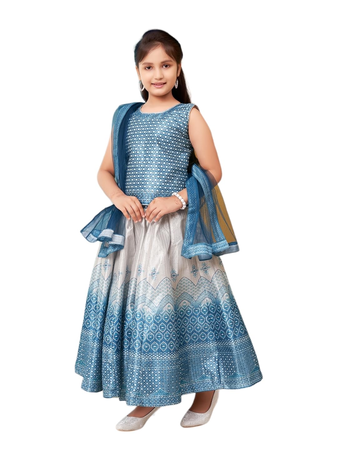Aarika Girls Turquoise Colour Printed Embellished Stone Silk Lehenga Choli Set (5-11 Years)