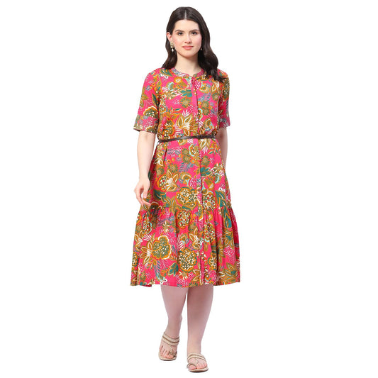 BIBA Women Printed Straight Calf Length Mix & Match (Casual D2162_Fuchsia_42, Dress)