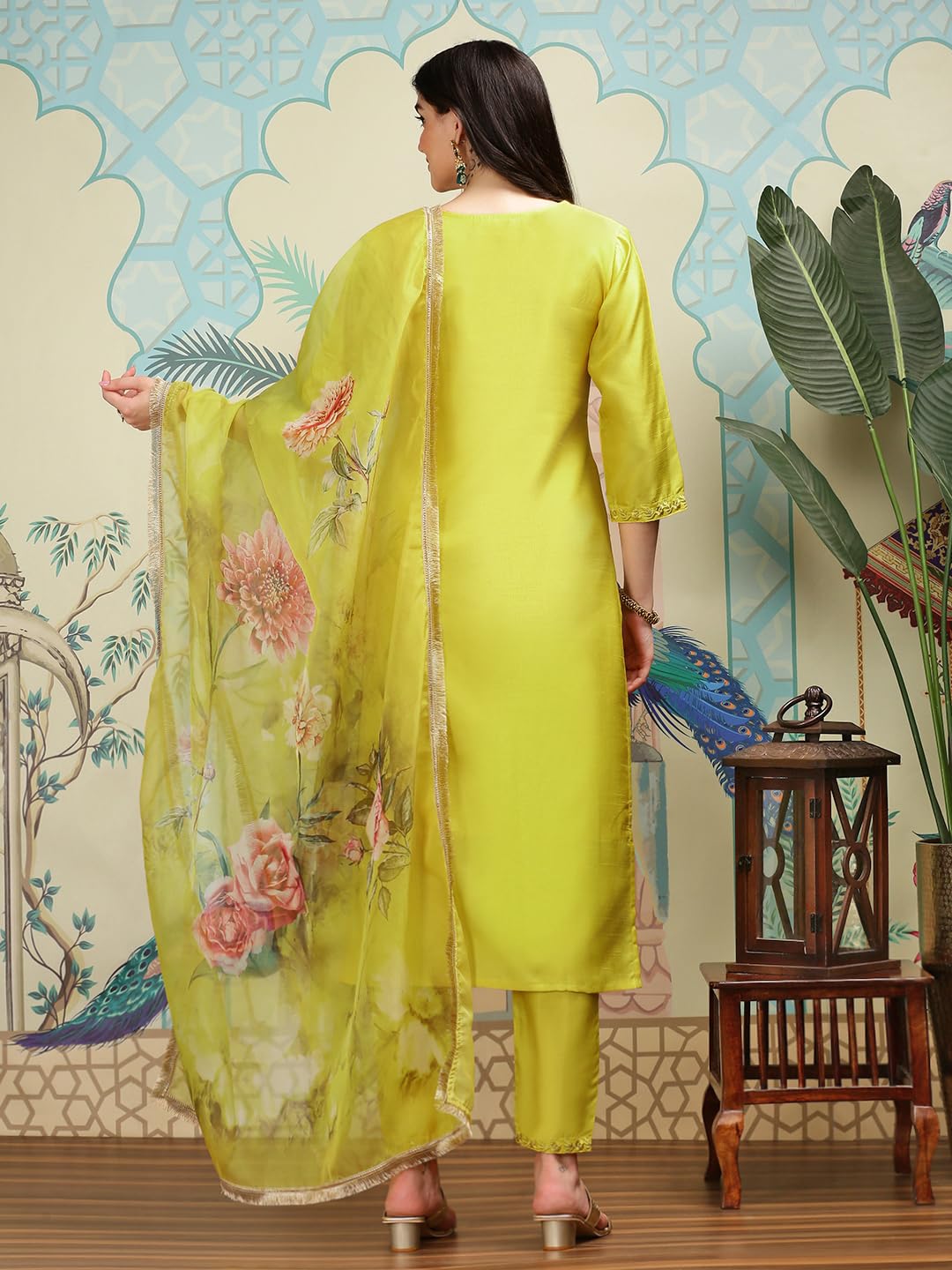ishin Floral Embroidered V-Neck Three-Quarter Sleeves Silk Chiffon Kurta Set | Kurta set for women | Kurta with trousers and dupatta