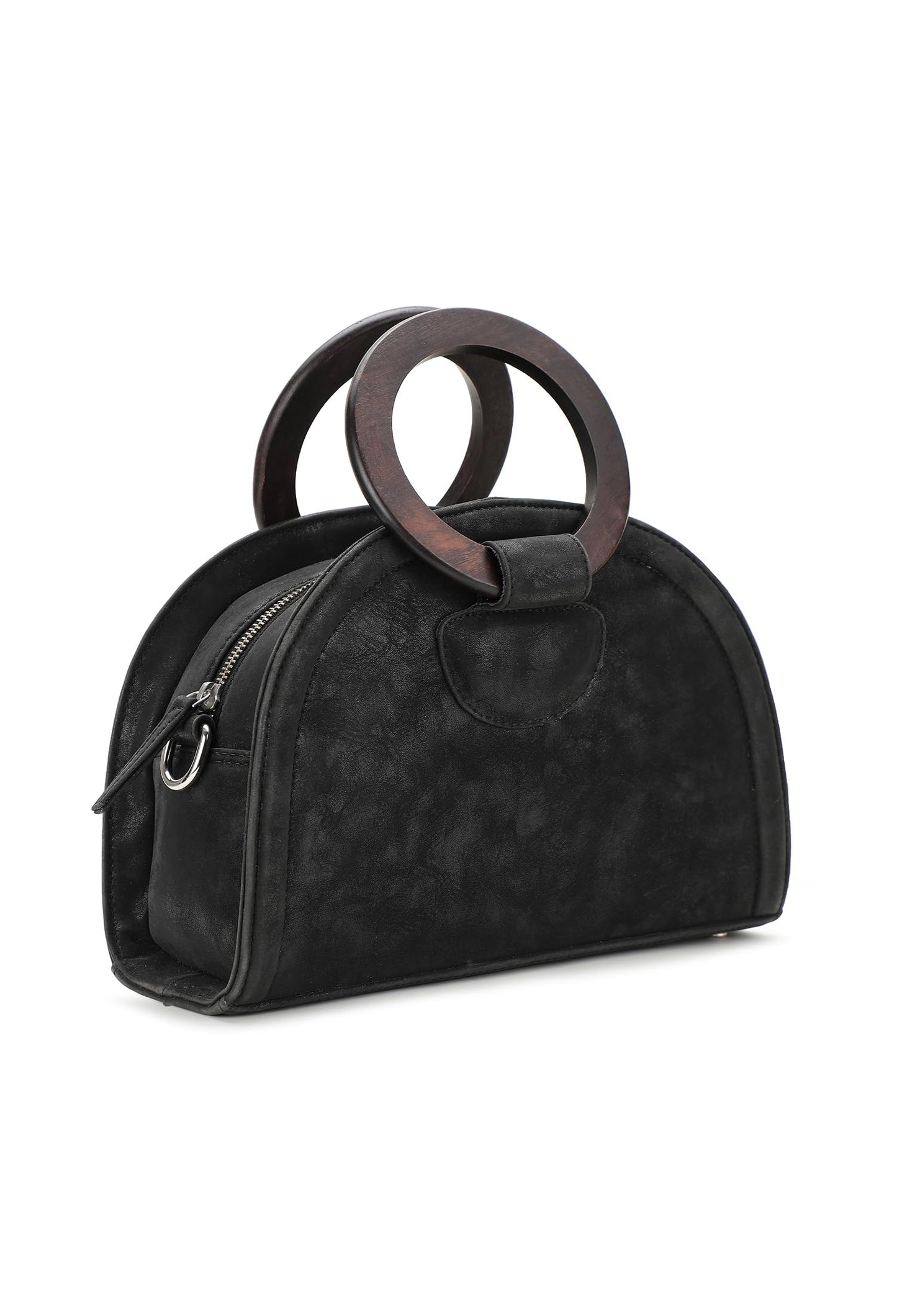 RASHKI CENDRES - Womens Vegan Leather Handbag | Round Wooden Handle| Detachable and adjustable Shoulder Strap | Party Bag| Zipper closure (Black)
