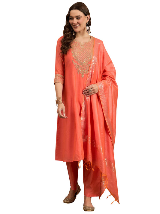 Rangavali Rust Embroidered Festive Anarkali Suit Set | Silk Chanderi Readymade Outfit Kurti, Pant & Dupatta for Women | Kurti Set for Ladies | 3 Pcs, L, 36