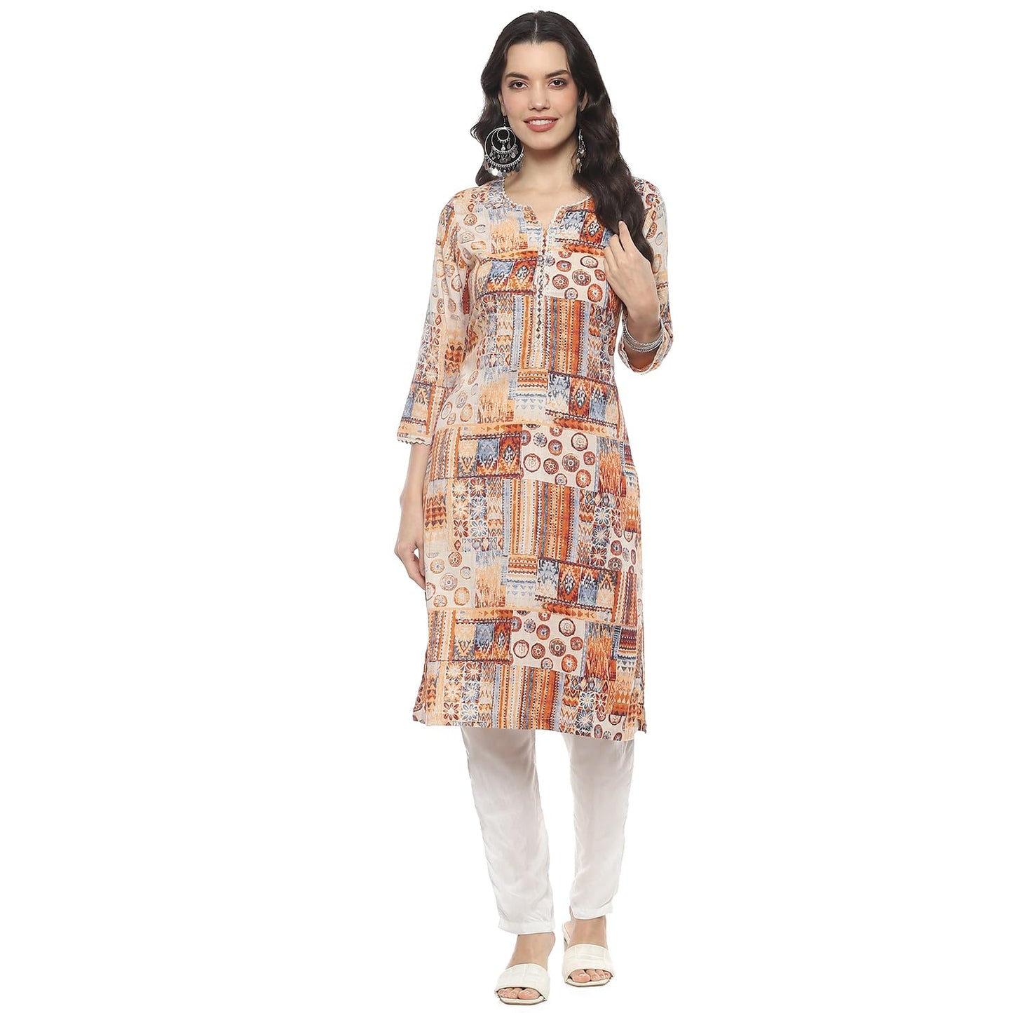 BIBA Regular Women Rayon Printed Kurta (ASSORTED20551SS24ECRU_Beige