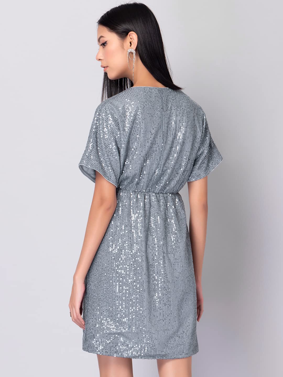 FabAlley Women's Net Silver Sequin Wrap Dress Mini (DRS05439 S)