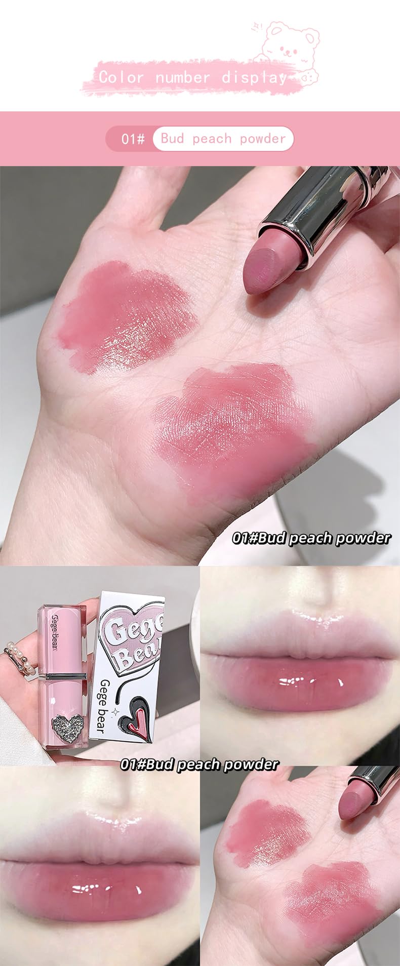 Gege Bear Crystal Clear Love Sandwich Lipstick for Women | Glossy Mirror Shine | Moisturizing, Lightweight & Non-Sticky Formula | Love-Tinted Colors that Glide Like Butter | 6 Irresistible Shades to Steal the Spotlight | (02# Light Rose, 3.8g)