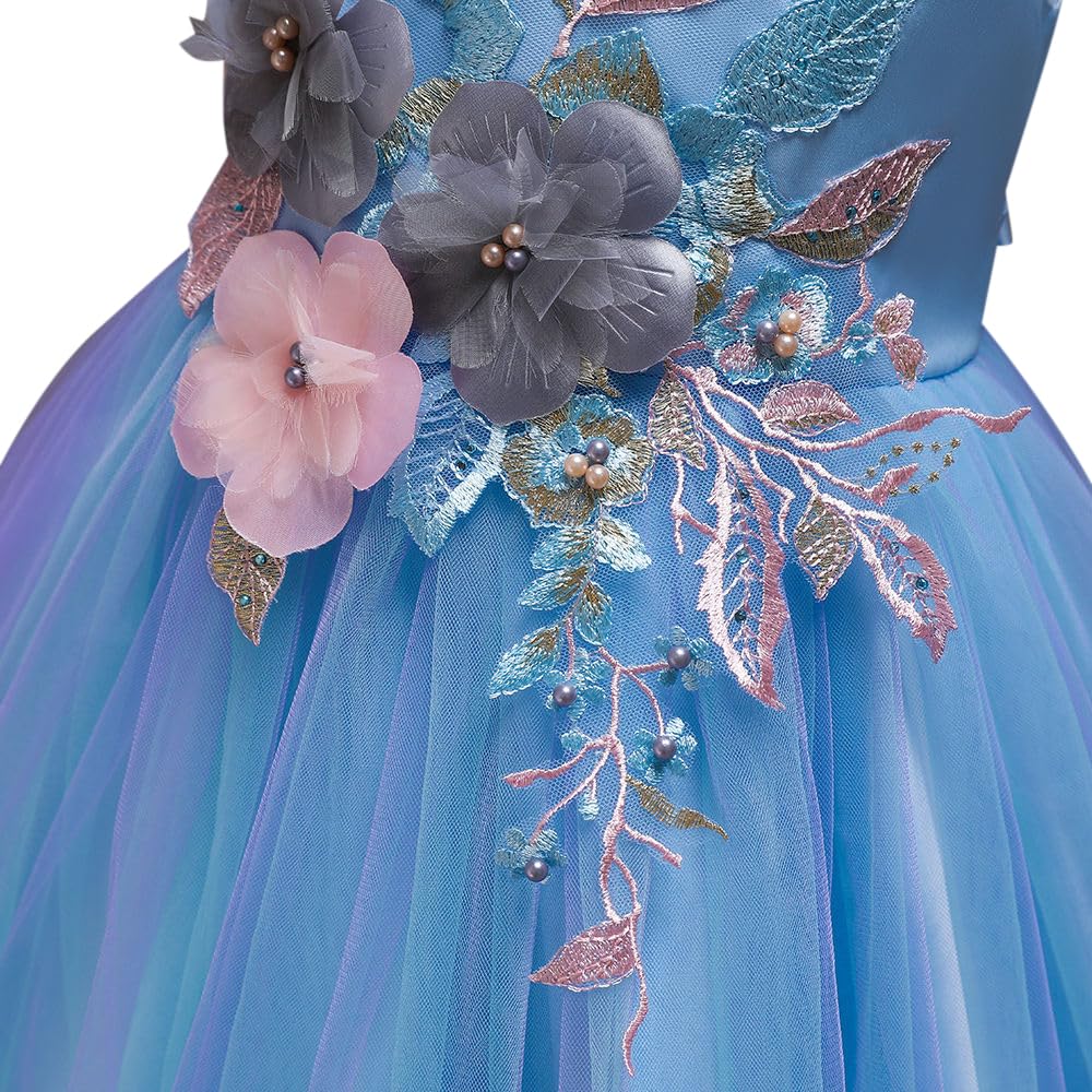 Hopscotch Girls Sleeveless Floral Applique Party Dress In Blue Color for Ages 6-7 Years