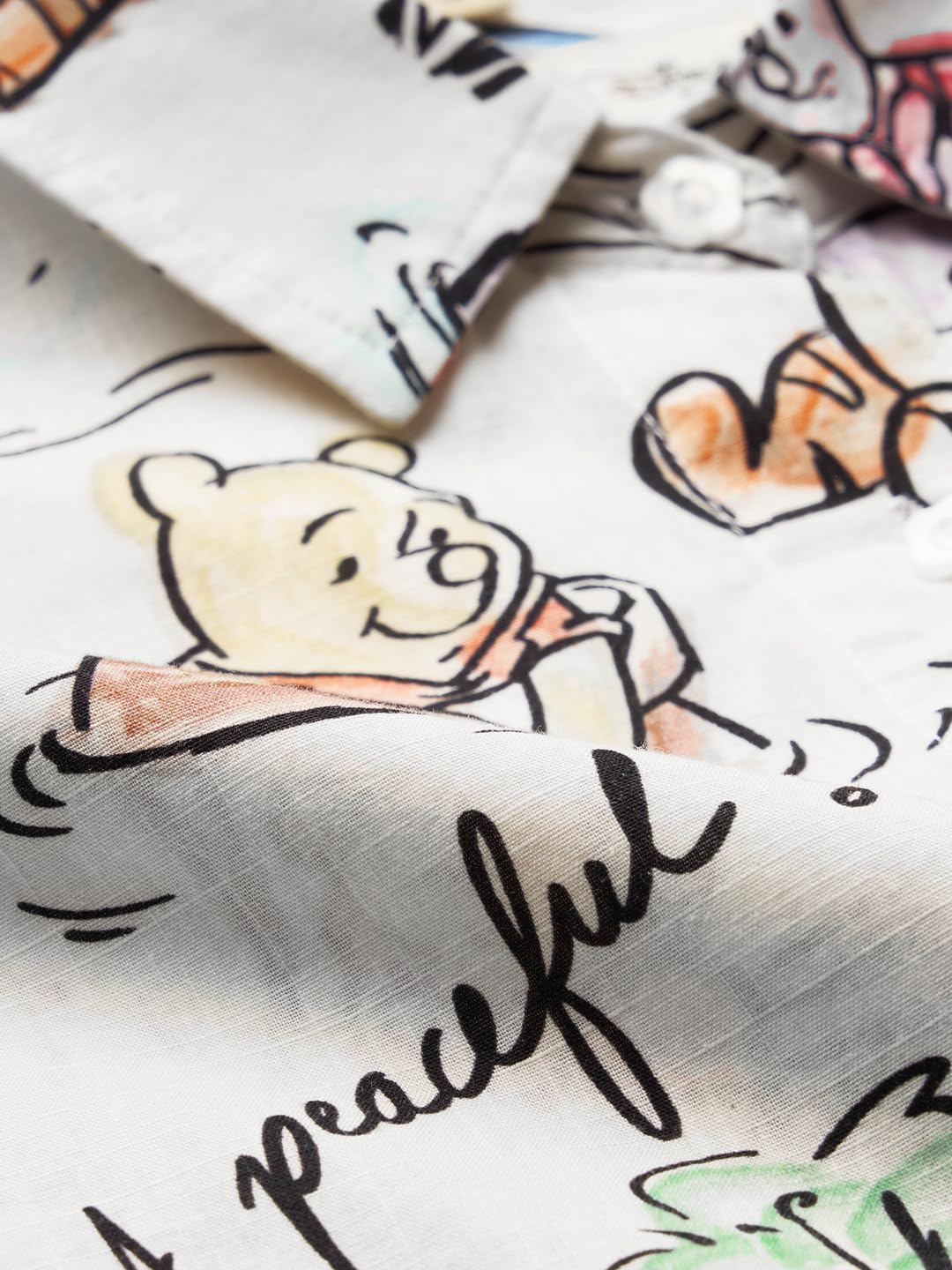 The Souled Store Winnie The Pooh: Honey Women and Girls Long Sleeves Collared Neck Button Front White All Over Printed Cotton Boyfriend Shirts