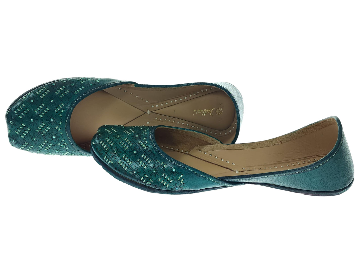 Fulkari Women's 3D Tanka Dark Green Gold Zarriwork Genuine Soft Leather Jutis | Bite and Pinch Free Juttis | Punjabi Jutti | Girl's Office Flat Ladies Mojari | dailywear Ethnic Juti | 36