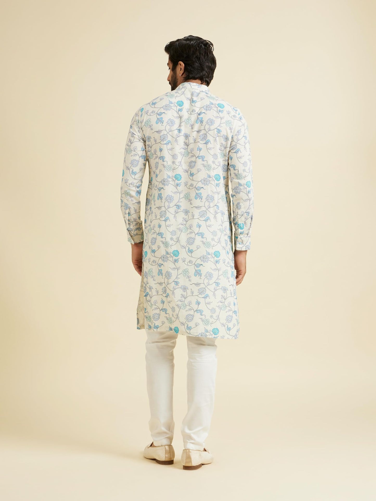 Manyavar Men's Linen Blend Floral Print Kurta(Aqua Green,XXL)