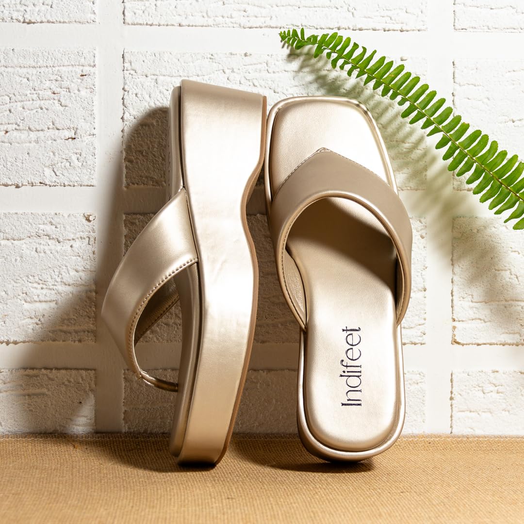 Indifeet Heels for Women Woman Stylish Wedges Sandals Ladies Latest Heel Chappals Girls Comfortable Wedge Sandal Female Fancy Platform Chappal Footwear Women’s Trendy Fashion Flatform Slippers Metallic