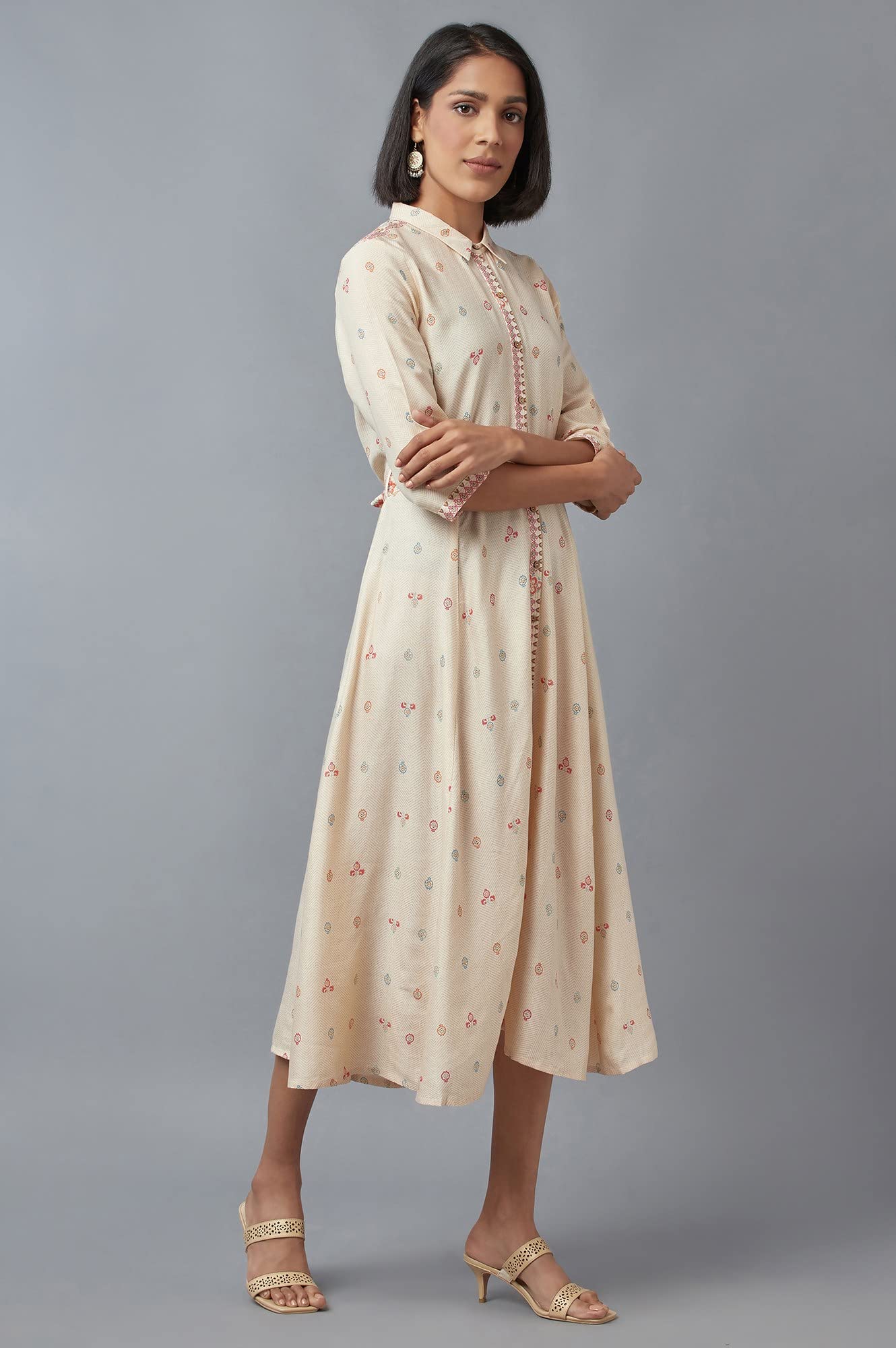 W for Woman Women's Rayon Ecru Shirt Collar Dress Midi (22FEW16068-116564 L)