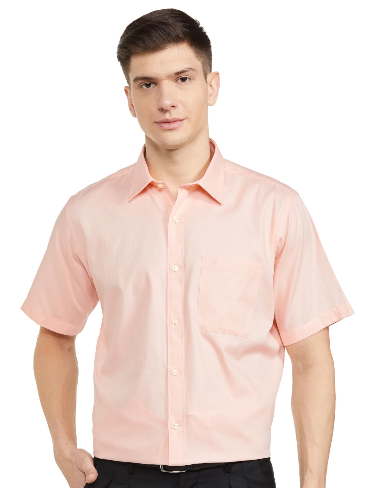 Raymond Men's Contemporary Fit Pure Cotton Solid Pattern Semi Cutaway Collar Half Sleeve Formal Shirt (Size: 42)-RMSY12545-E2 Light Orange