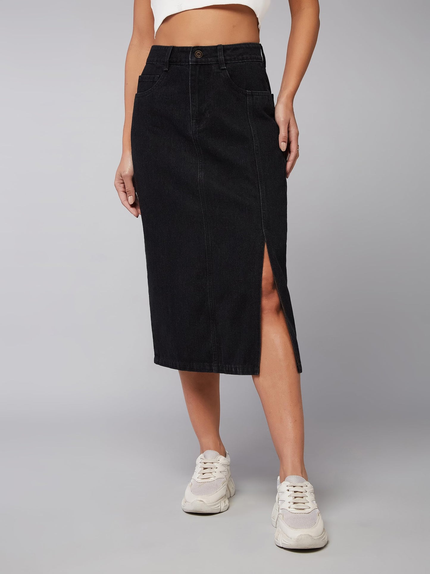 Dolce Crudo Women's High/Mid Rise Light Weight Stretchable Denim Skirt (DOSS24DEN79-05-338-32, Smokey Black, 32)