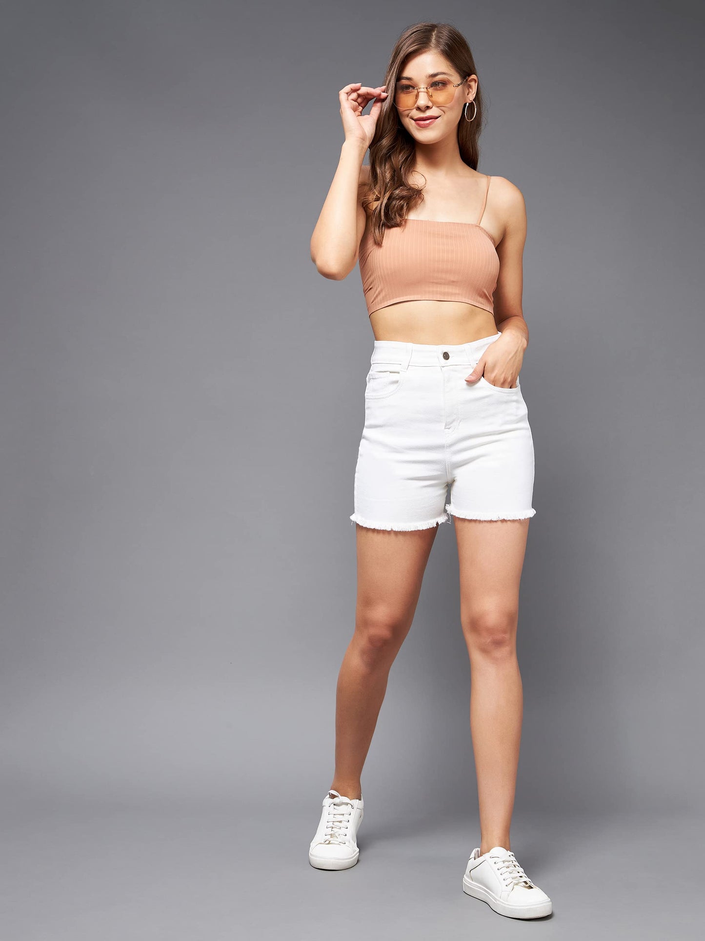 Miss Chase Women's Regular High Rise Regular Stretchable Denim Shorts (MCAW21DEN09-03-82-24, White, 24)