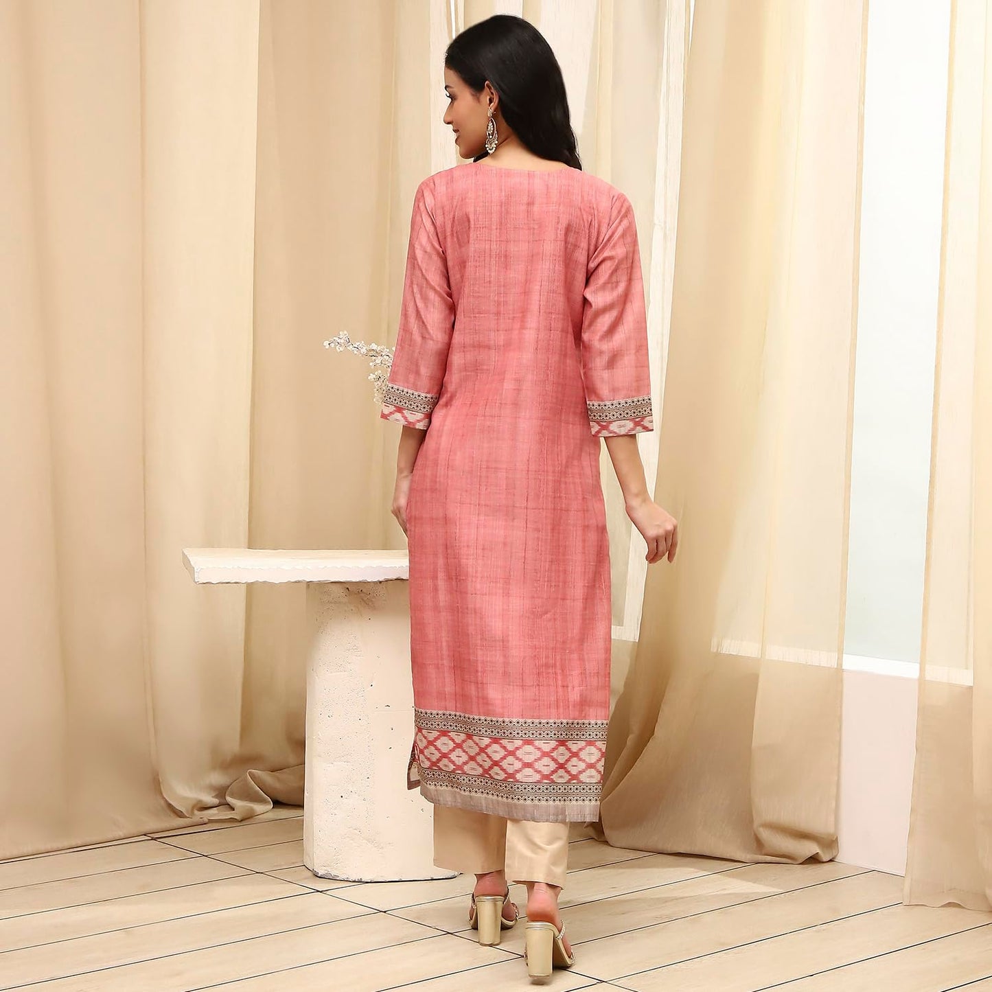 BIBA Women Peach Cotton Machine Embroidered Unstitched Suit Set_FREE SIZE