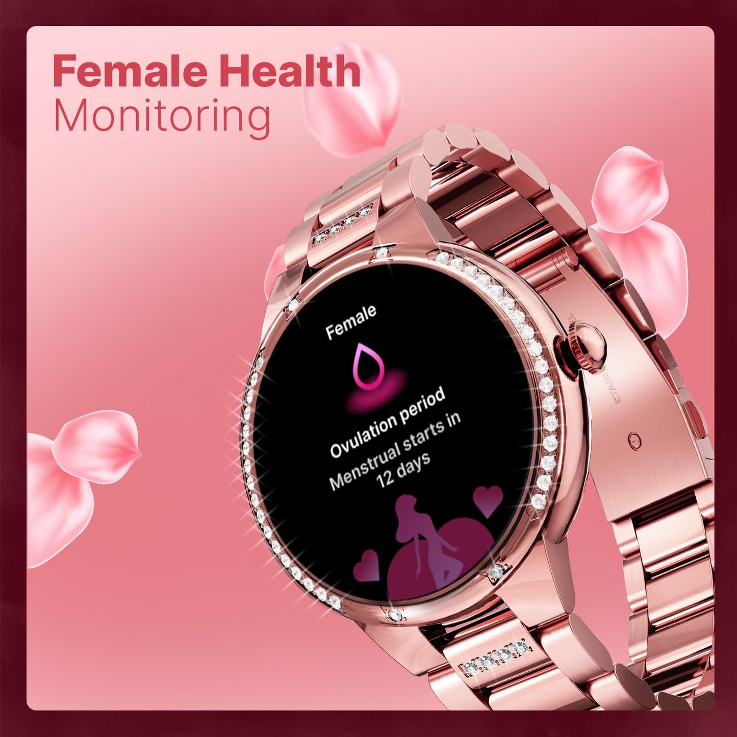 CrossBeats Diva 1.28” Stylish Smart Watch for Women with Stone Studded Bezel| Amoled Display | Female Health Tracker | 100+Sports Modes| Premium Metal Smartwatch with Wireless Charging - (Rose Gold)