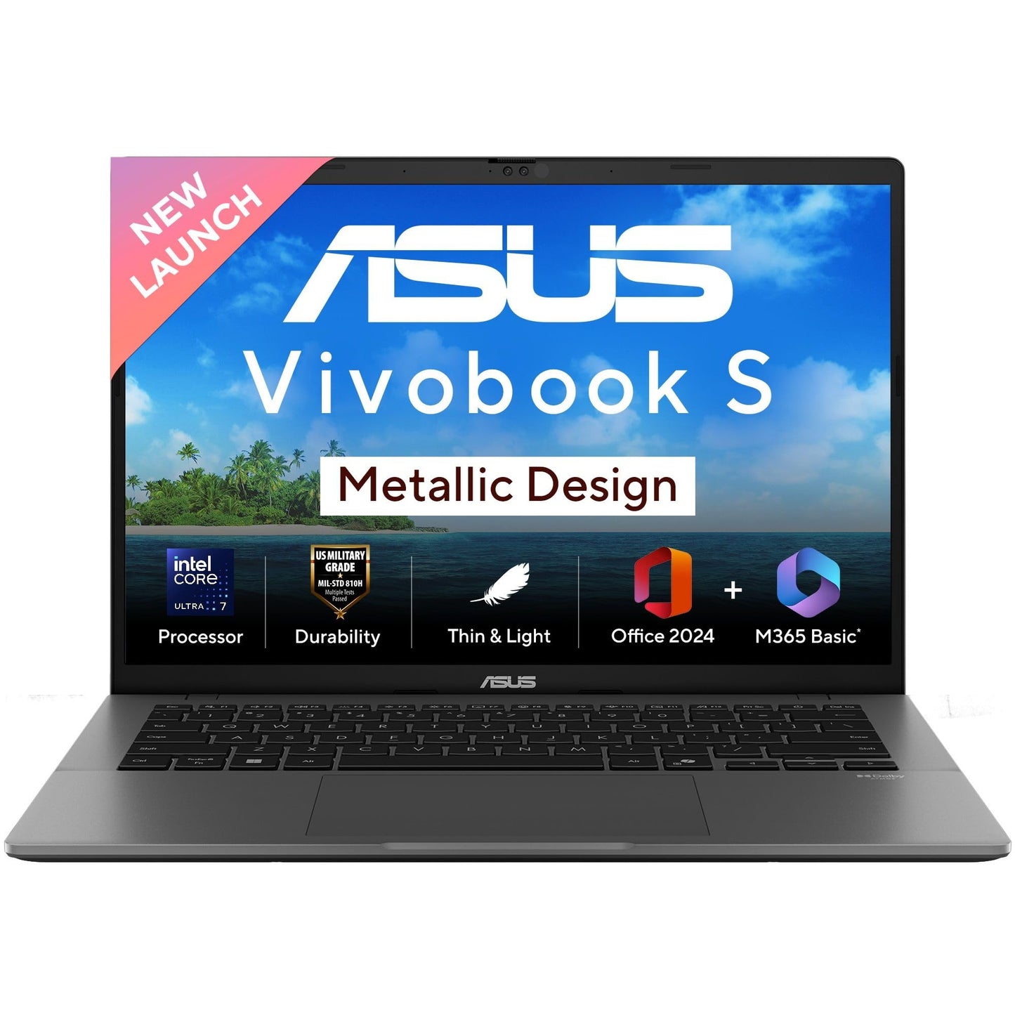 ASUS Vivobook S14, Intel Core Ultra 7 255H, Metallic Design Laptop(Intel iGPU/16GB RAM/512GB SSD/FHD+/14"/60Hz/Windows 11/M365 Basic (1Year)*/Office Home 2024/Matte Gray/1.4 Kg) S3407CA-LY083WS