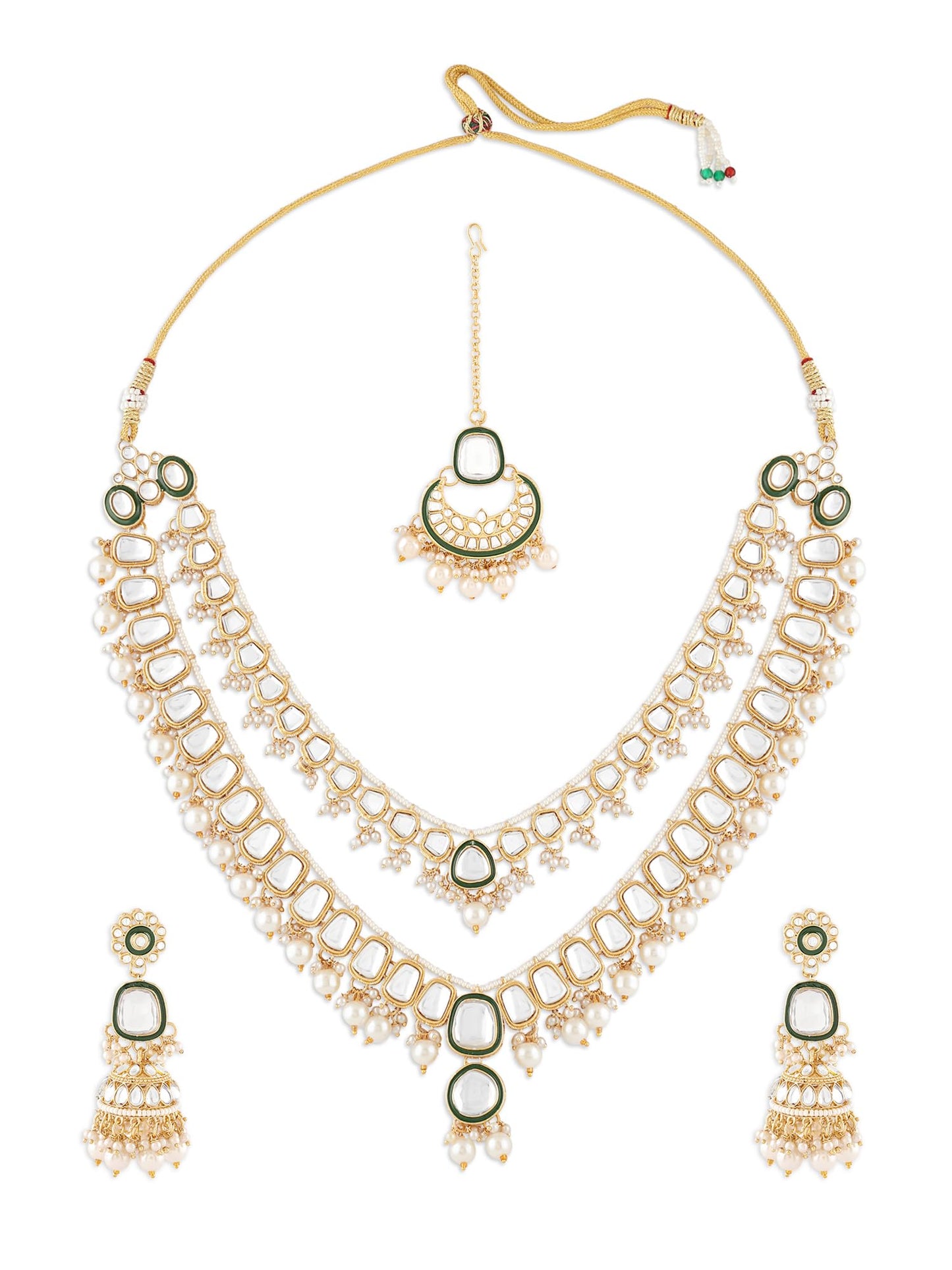 ZAVERI PEARLS Green Meenakari Kundan Pearls Layered Bridal Necklace Earring & Maangtikka Set For Women-ZPFK17357