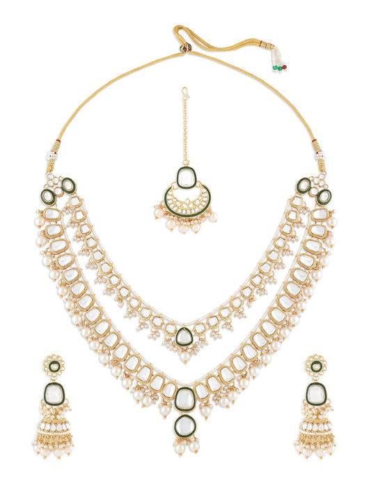 ZAVERI PEARLS Green Meenakari Kundan Pearls Layered Bridal Necklace Earring & Maangtikka Set For Women-ZPFK17357