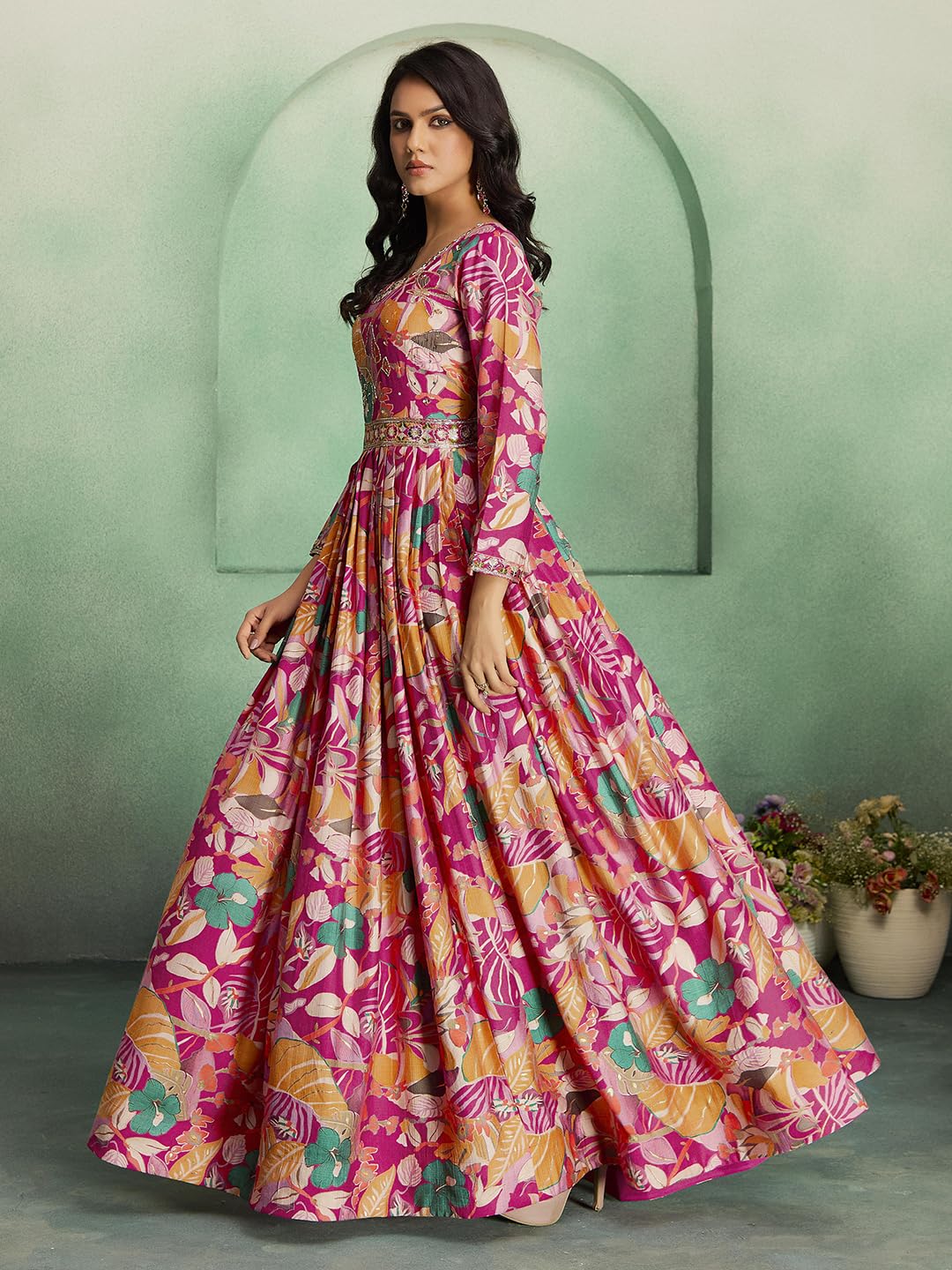 madhuram textiles Women's vetican Print with Hand Embroidery Work Anarkali Long Gown(M-2544 Pink_Medium)