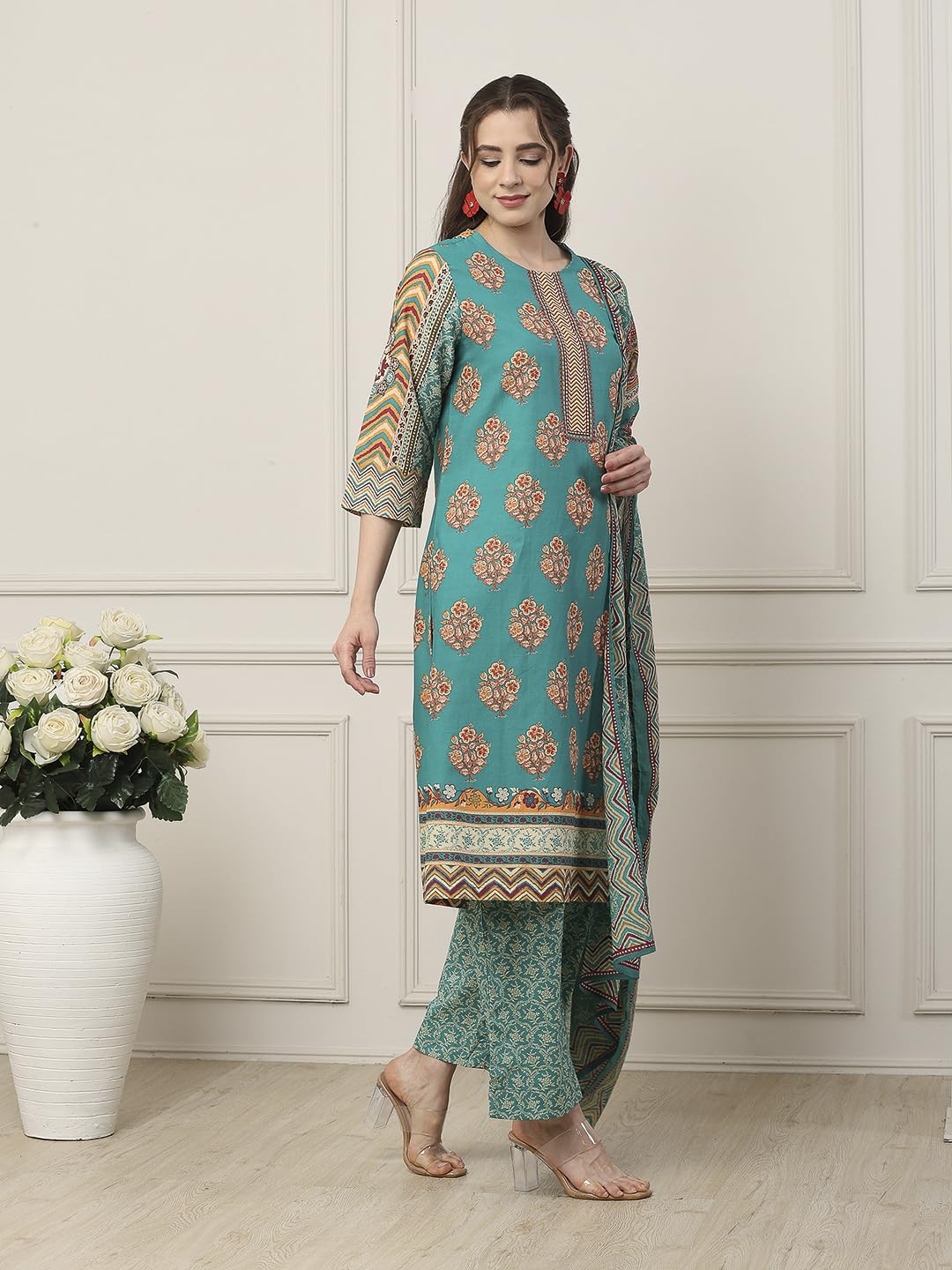 Biba Women Green Cotton Straight Suit Set_38