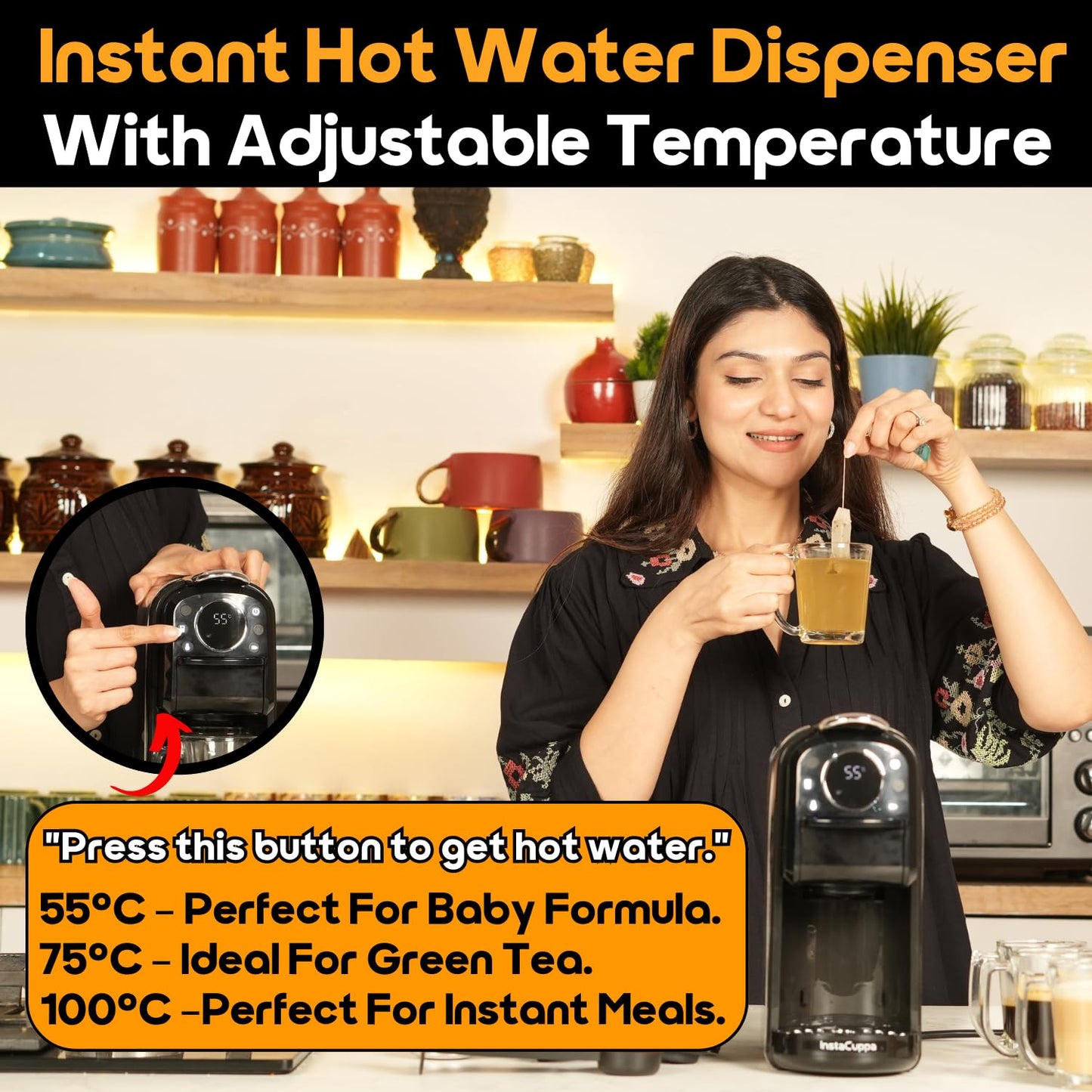 InstaCuppa 3-in-1 Espresso Coffee Maker, Works with Ground Coffee, Pods & Capsules, Electric Kettle Mode with Temperature Control, Adjustable Volume, Self-Cleaning, LED Touch Control and Display