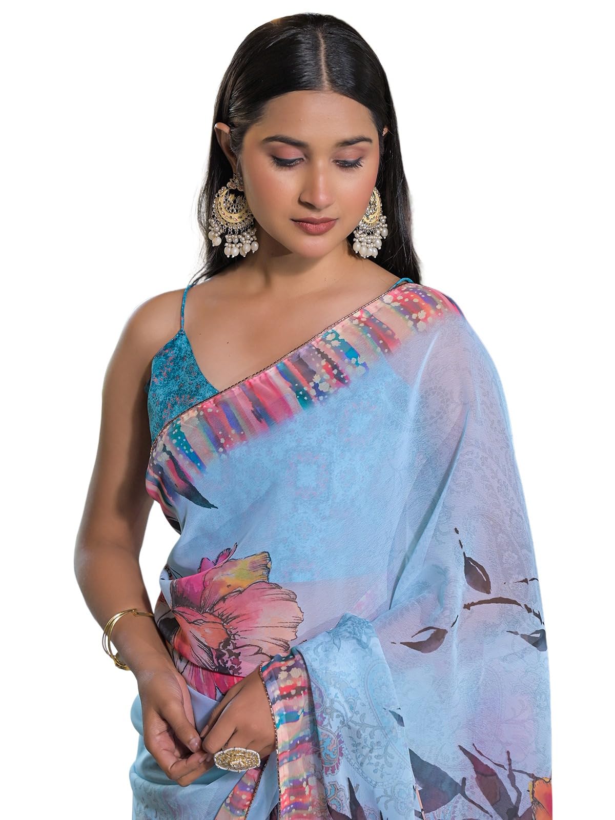 Satrani Women's Georgette Hand Work Floral Printed Saree with Unstitched Blouse Piece (4785S126N_Sky Blue)