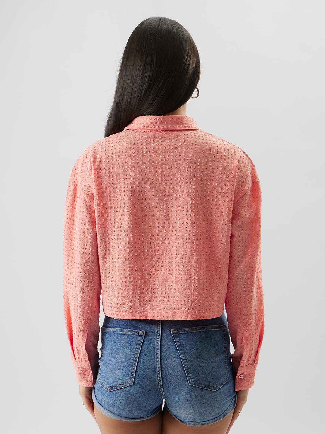 The Souled Store Original Pink Pixels Cotton Cropped Shirts for Women Cropped Shirts Fashionable Trendy Graphic Prints Pop Culture Merchandise Shirts Casual Button-Down Half Sleeve Printed Graphic