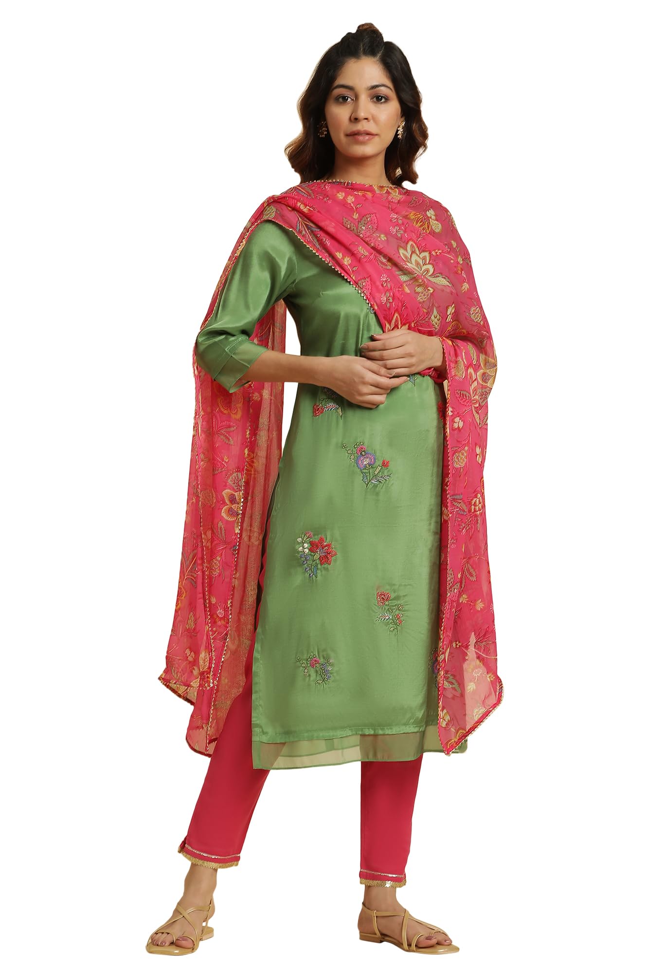 W for Woman Women's Polyester Pink Floral Printed Chiffon Dupatta (8905661211647_Free Size)_WFS