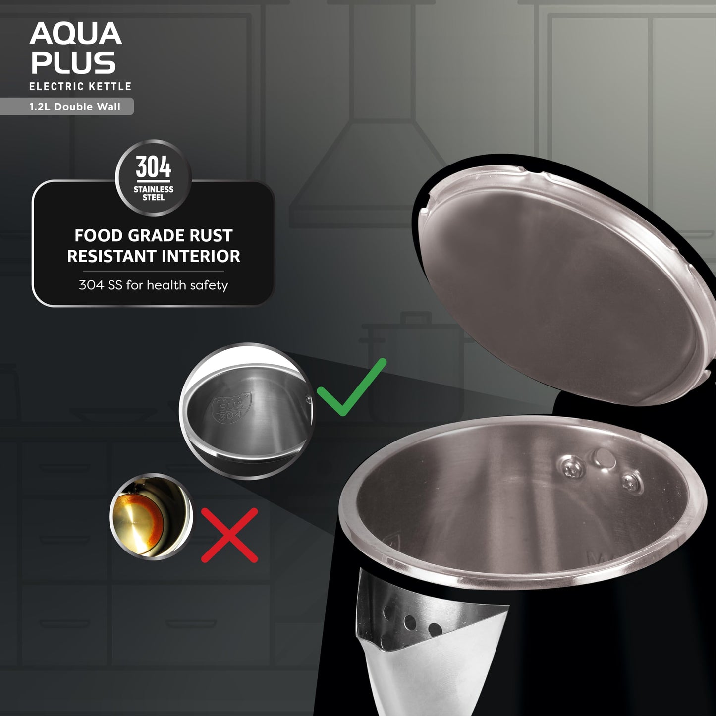 Havells Aqua Plus Electric Kettle 1.2 Litre, 1250 Watt | 304 Stainless Steel Inner Body | Cool Touch Body | Auto Shut-Off |Wider Mouth| 2 Year Warranty (Black)