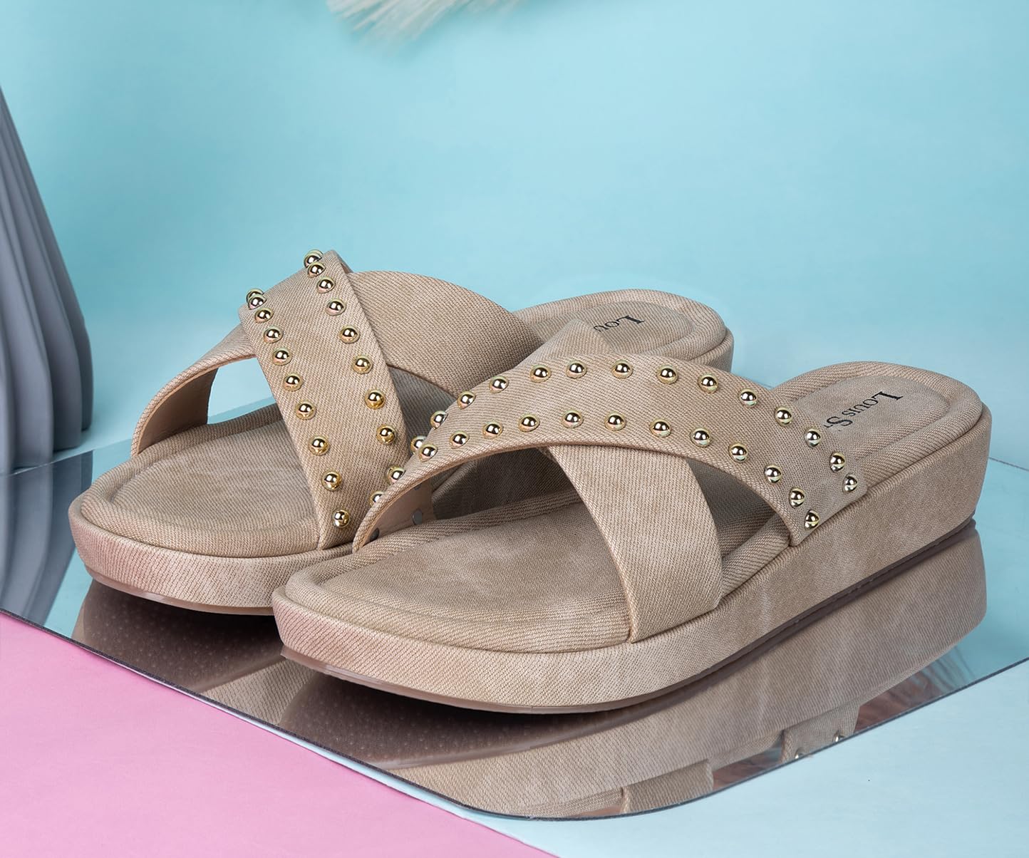 LOUIS STITCH Women's Stylish Beige Flat Sandals with Cross Strap & Beaded Embellishments – Perfect for Office | LSOF-LDSL-BDCSBG