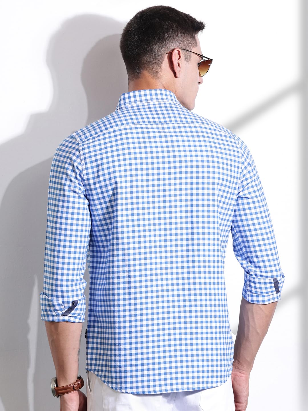 Thomas Scott Men | Long Sleeves | Gingham Checks | 100% Cotton | Spread Collar | Casual Shirt | (Available in Plus Size)(TS1481_Blue_XL)