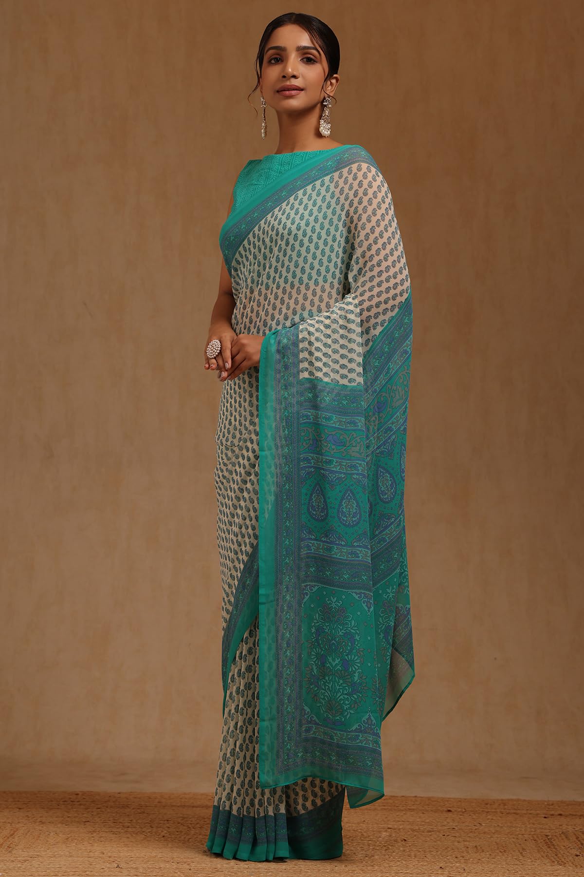 Soch Womens Teal Georgette Floral Print Saree