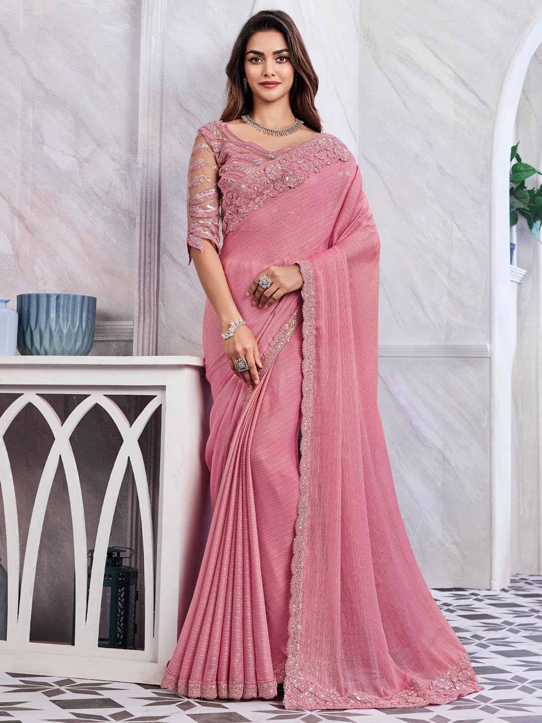 AKHILAM Women's Georgette Embellished Saree With Unstitched Blouse Piece(Pink_SILVER29003_TFH)