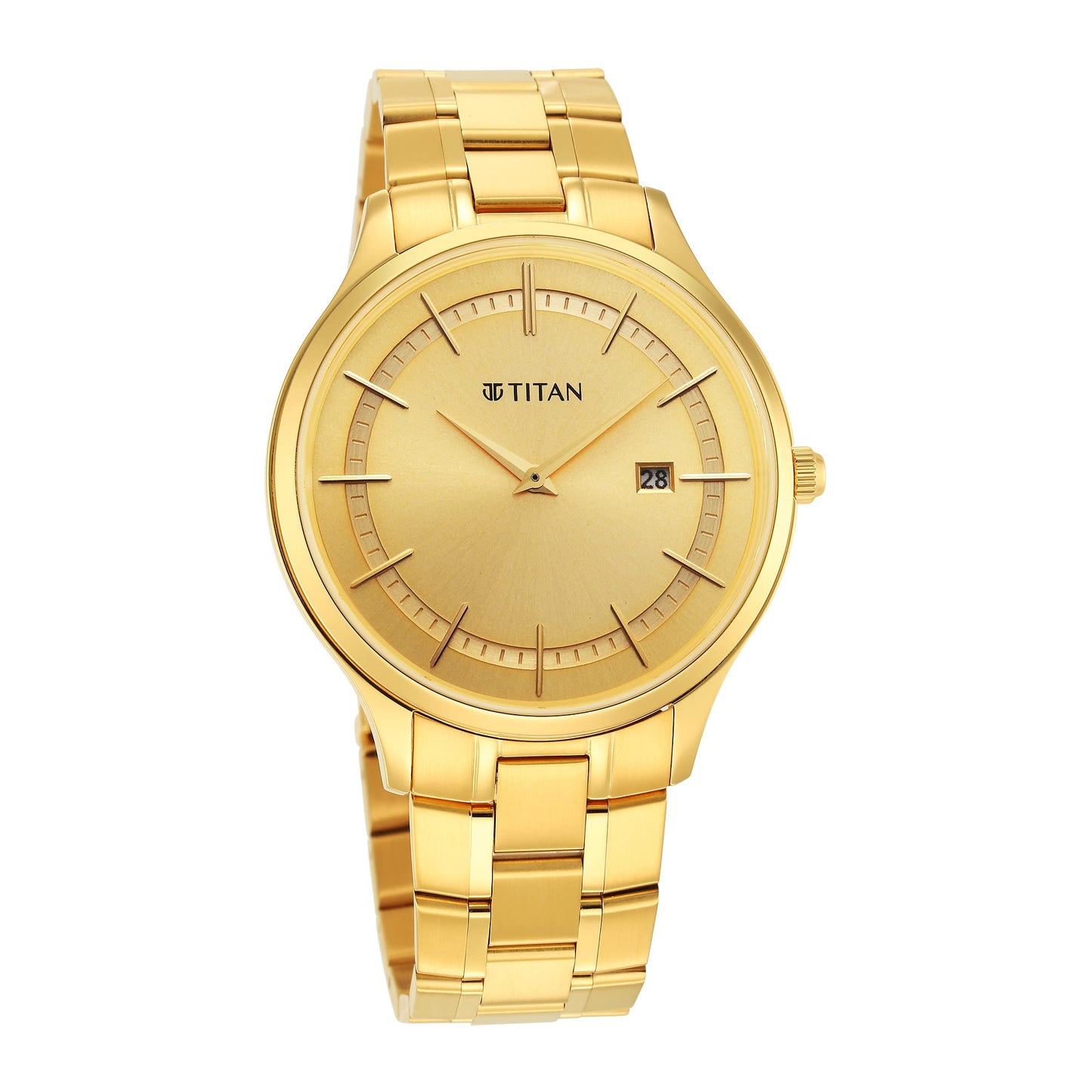 Titan Classique Slimline Champagne Dial Analog with Day and Date Stainless Steel Strap Watch for Men-NS90142YM01