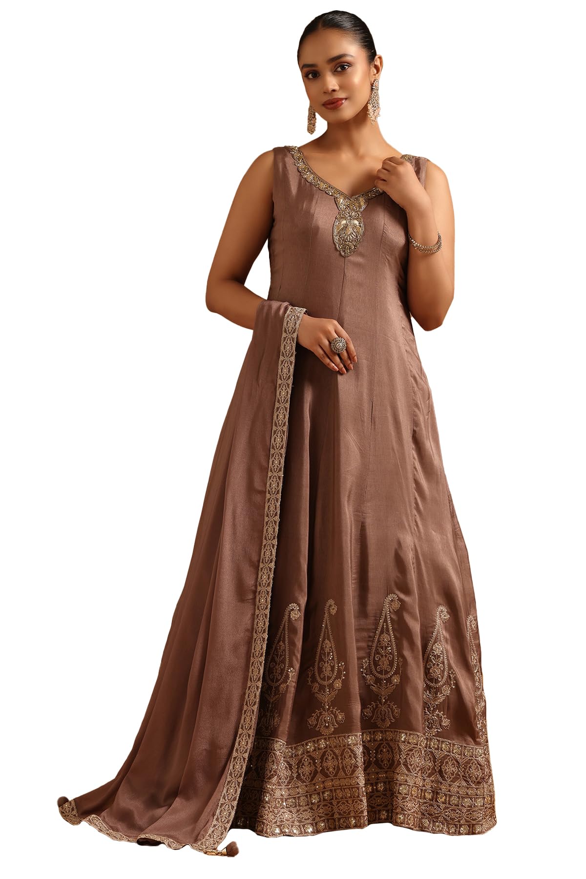 Soch Womens Brown Dola Silk Ethnic Motifs Gown with Cutdana