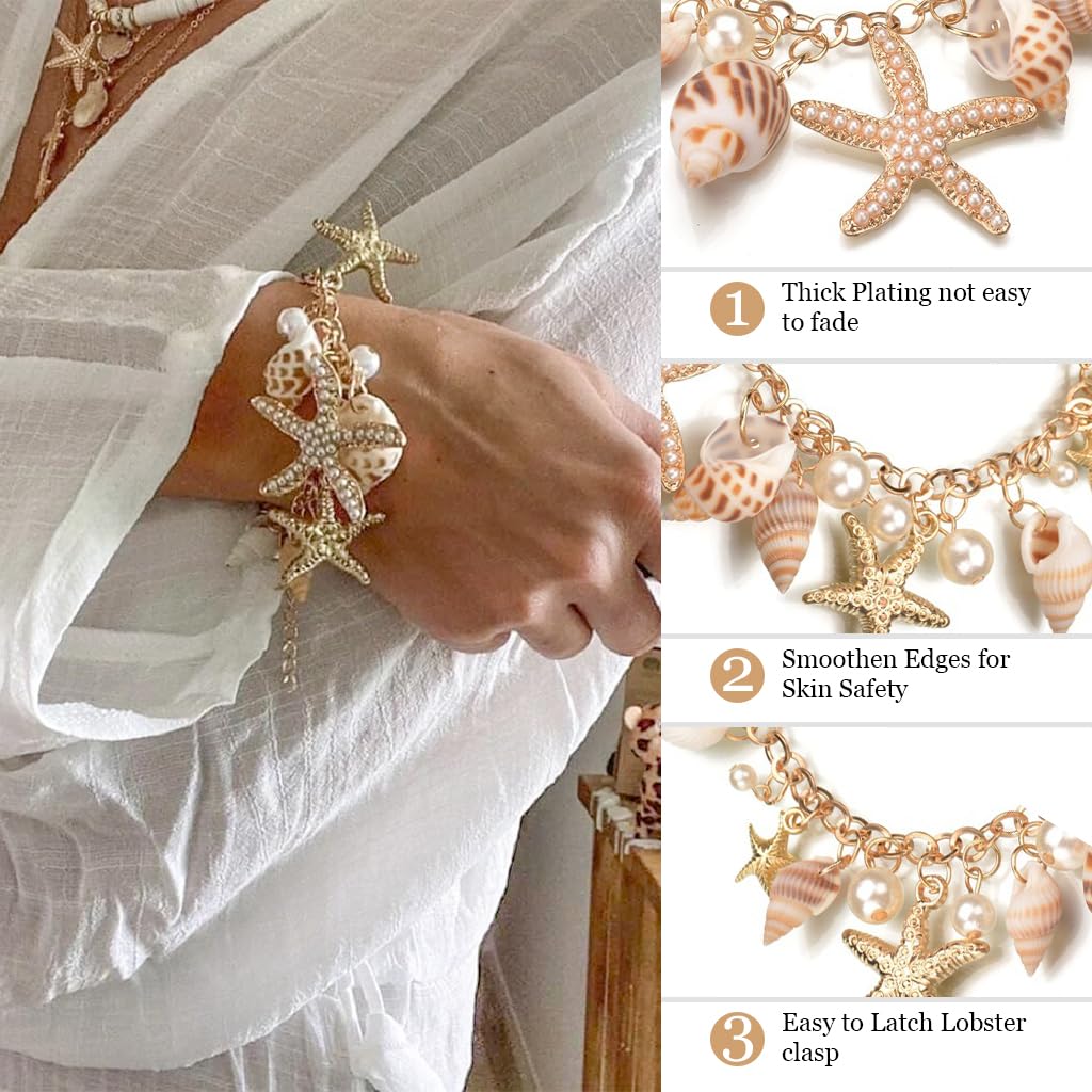 ZIBUYU® Bracelet for Women and Girls Seashell Exotic Boho Adjustable Chain Seashell Bracelet Accessories Starfish Conch Pearl Bracelet for Women Shell Jewellery Birthday Gift for Women - 1 Pcs