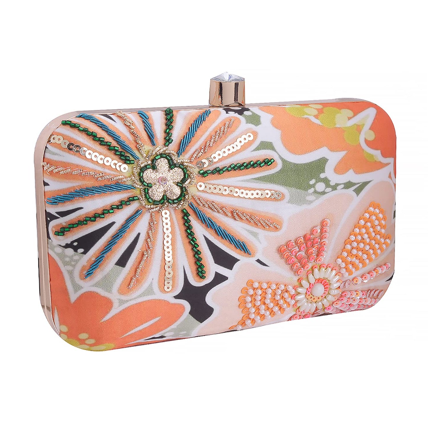 SWISNI Orange orange floral printed embridered clutch II Women's Traditional Designer Clutch For Women & Girls II PRINTED EMBROIDERED CLUTCHES