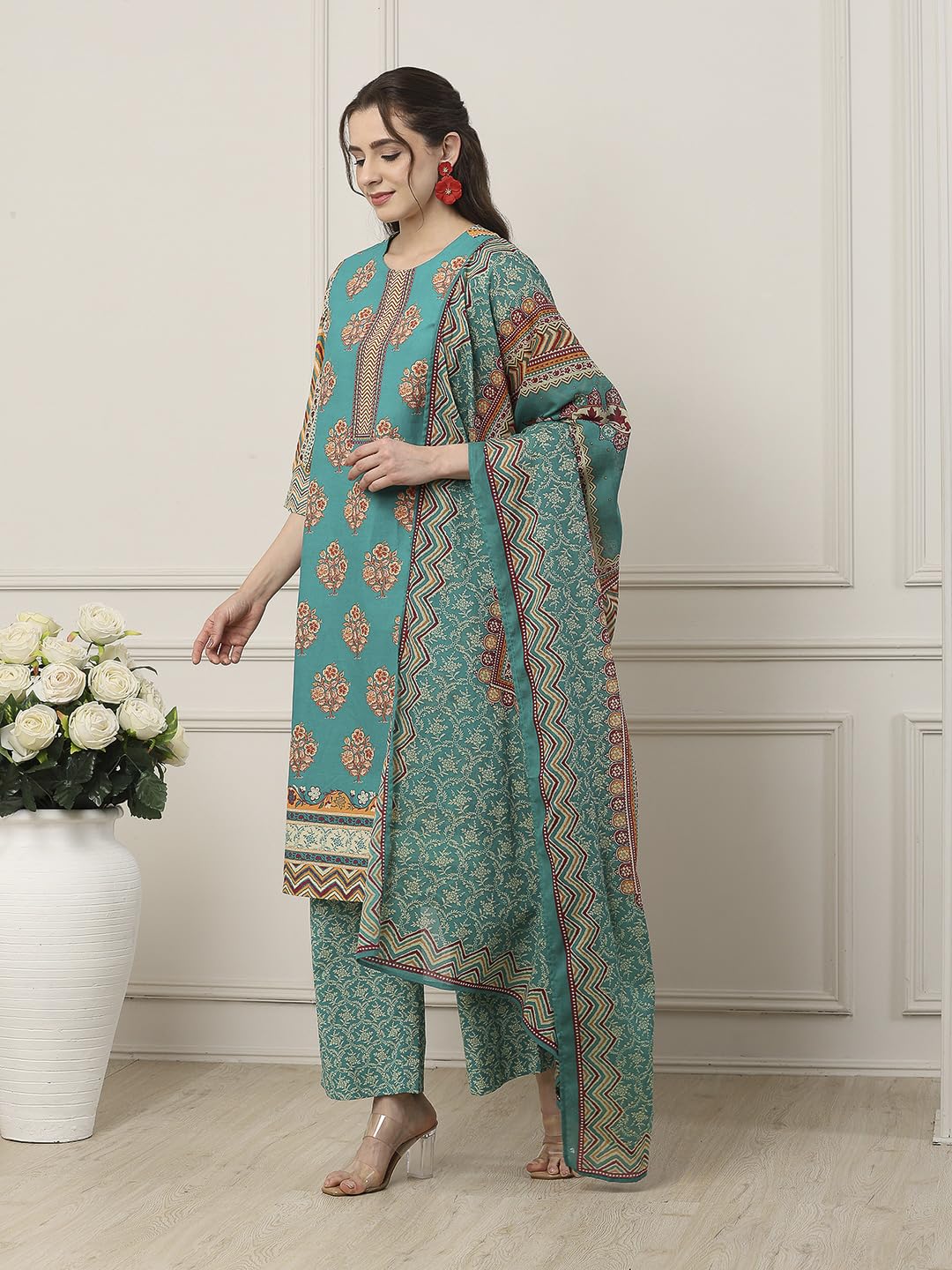 Biba Women Green Cotton Straight Suit Set_34
