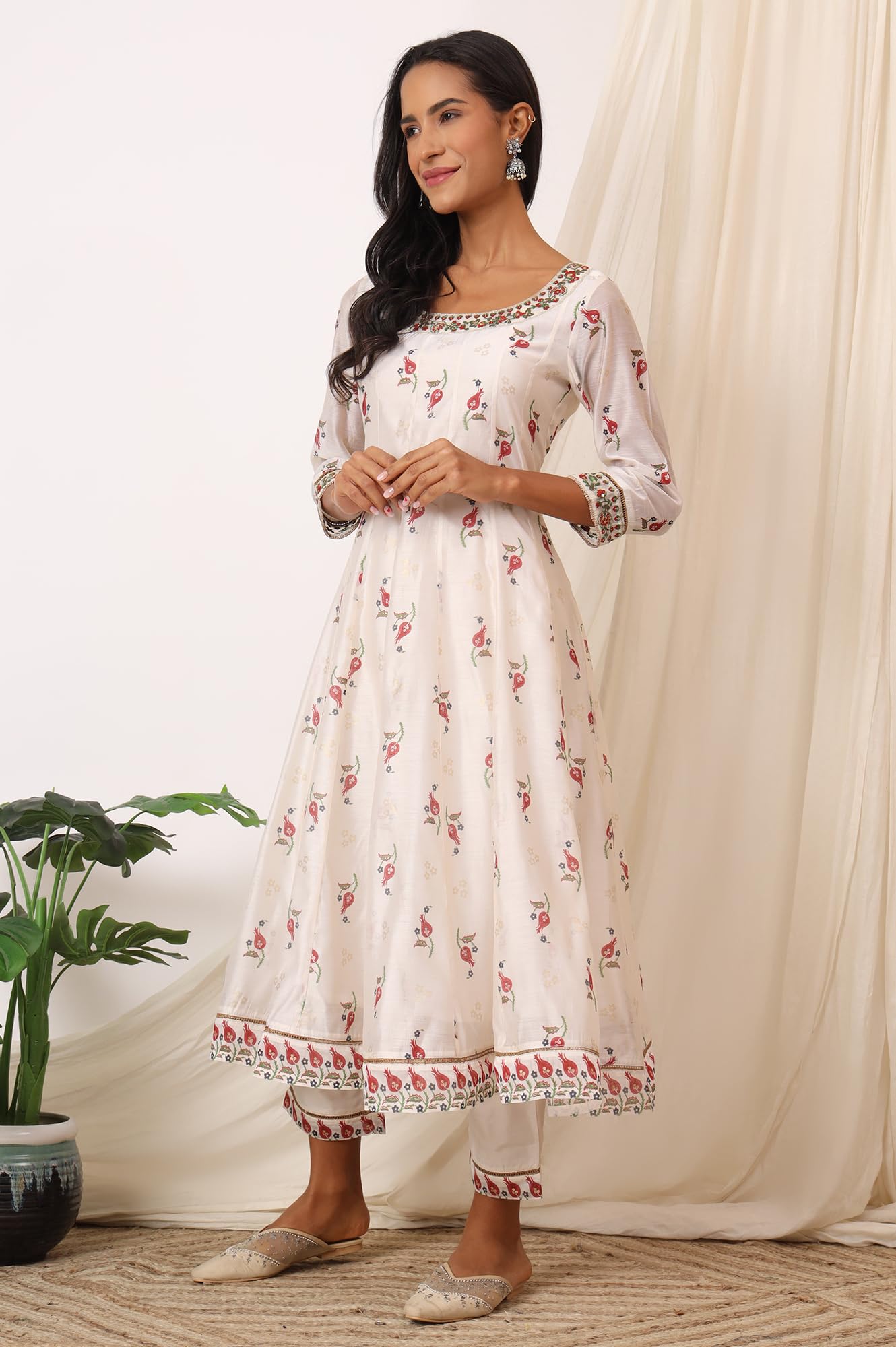 W for Woman White Floral Printed Chanderi Anarkali Kurta, Pants and Dupatta Set (Size: 2XL)-WS12119-124225
