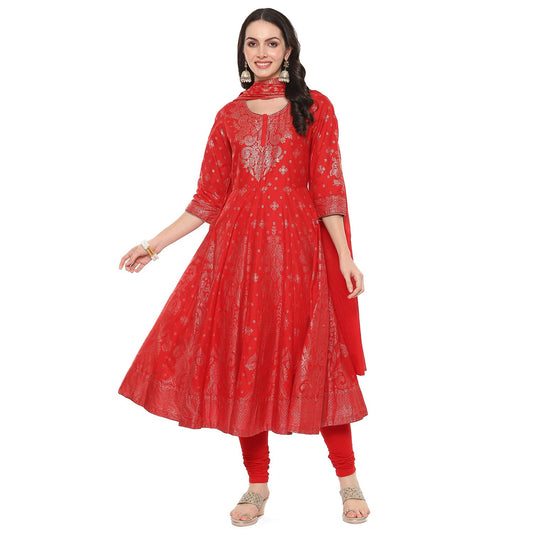 BIBA Women Cotton Printed Anarkali Salwar Kurta Dupatta(Skdgold Mur9148_Red_42)
