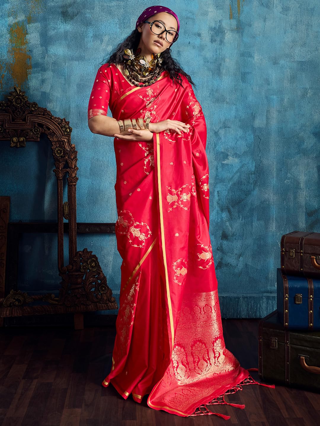 AKHILAM Women's Red Satin Traditional Prints Tassels and Latkans Saree With Unstitched Blouse Piece | saree for woman | Designer Saree for Women
