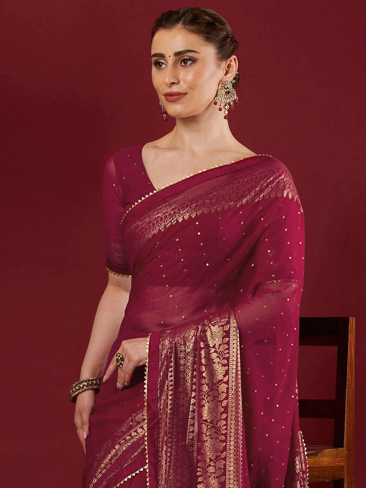 SAMAH Women's Georgette Foil Printed Lace Work Saree with Unstitched Blouse Piece (4402S3153N_Rani Pink)
